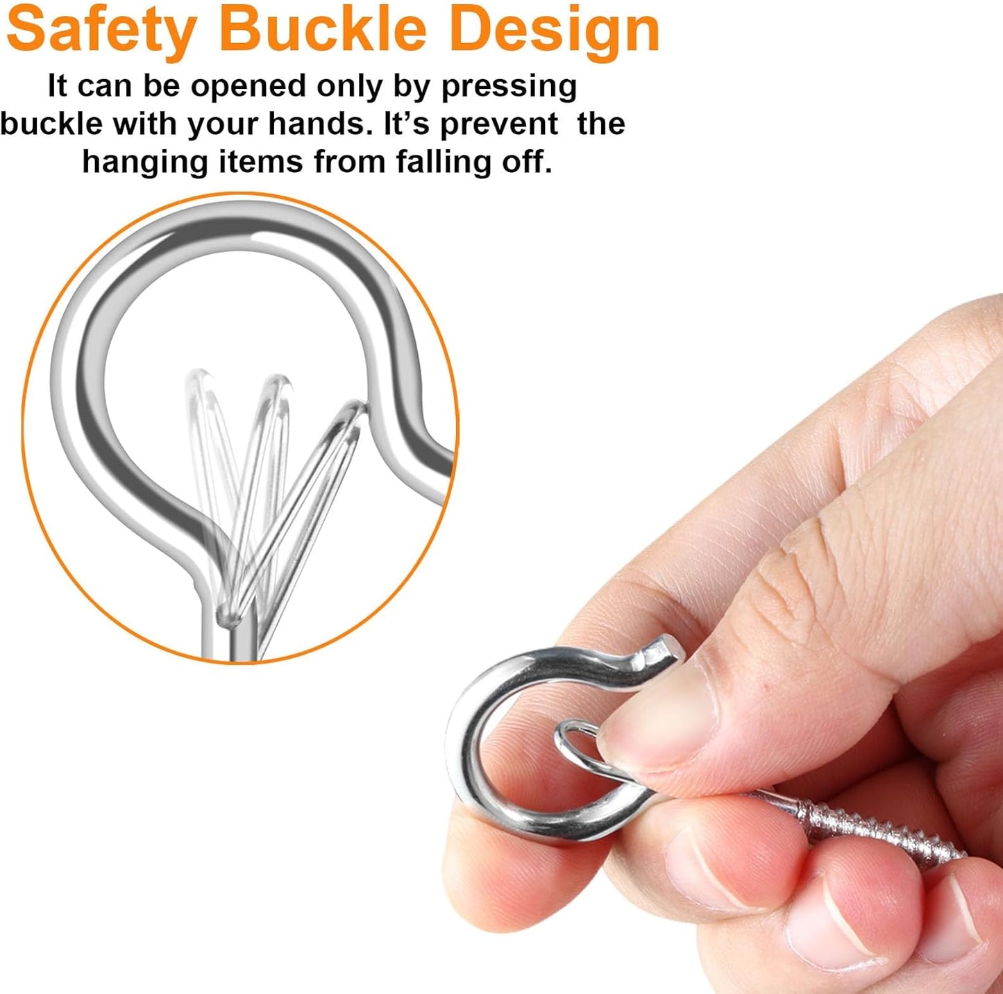12 PCS Q-Hanger Hooks, Screw Hooks for Outdoor String Lights, Safety Buckle Design Cup Eye Hook for Hanging Christmas Lights, Plants, Wind Chimes, Mounted on Wall Ceiling, Windproof, Silver