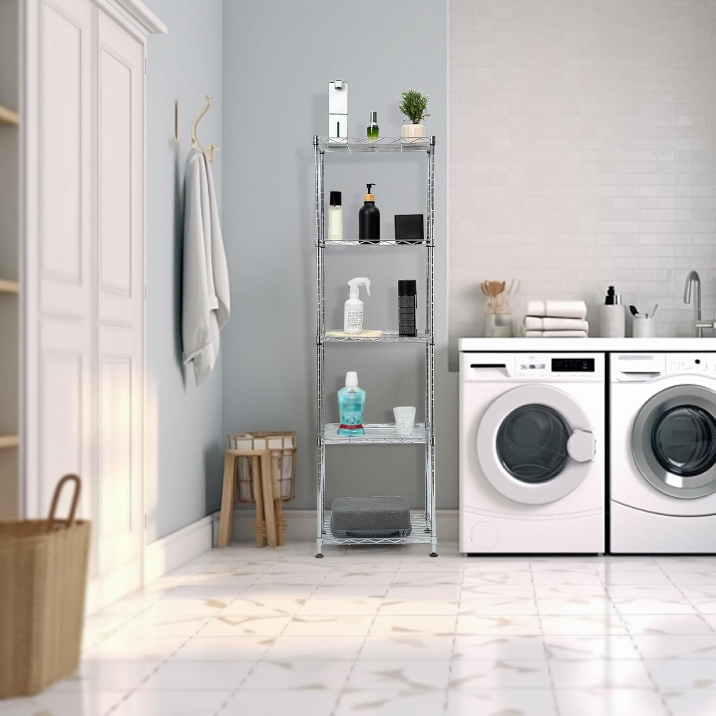 Chrome Small 5 Tiers Wire Shelving NSF Certified. Adjustable Storage Rack for Kitchen,Garage,and Laundry Utility Room (Chrome-Small-5Tiers-16x12x55)