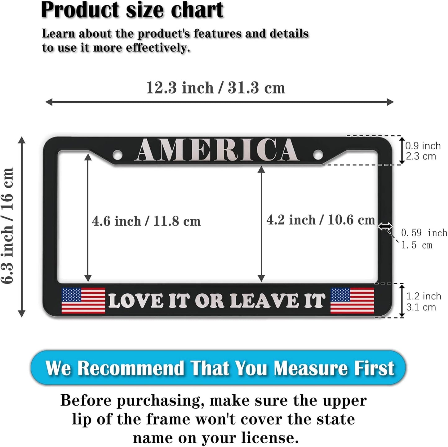 License Plate Frames Black and White License Plate Frame America Love It or Leave It USA Flag Aluminum Metal Car Accessory 2 Pack with Screw Covers Set