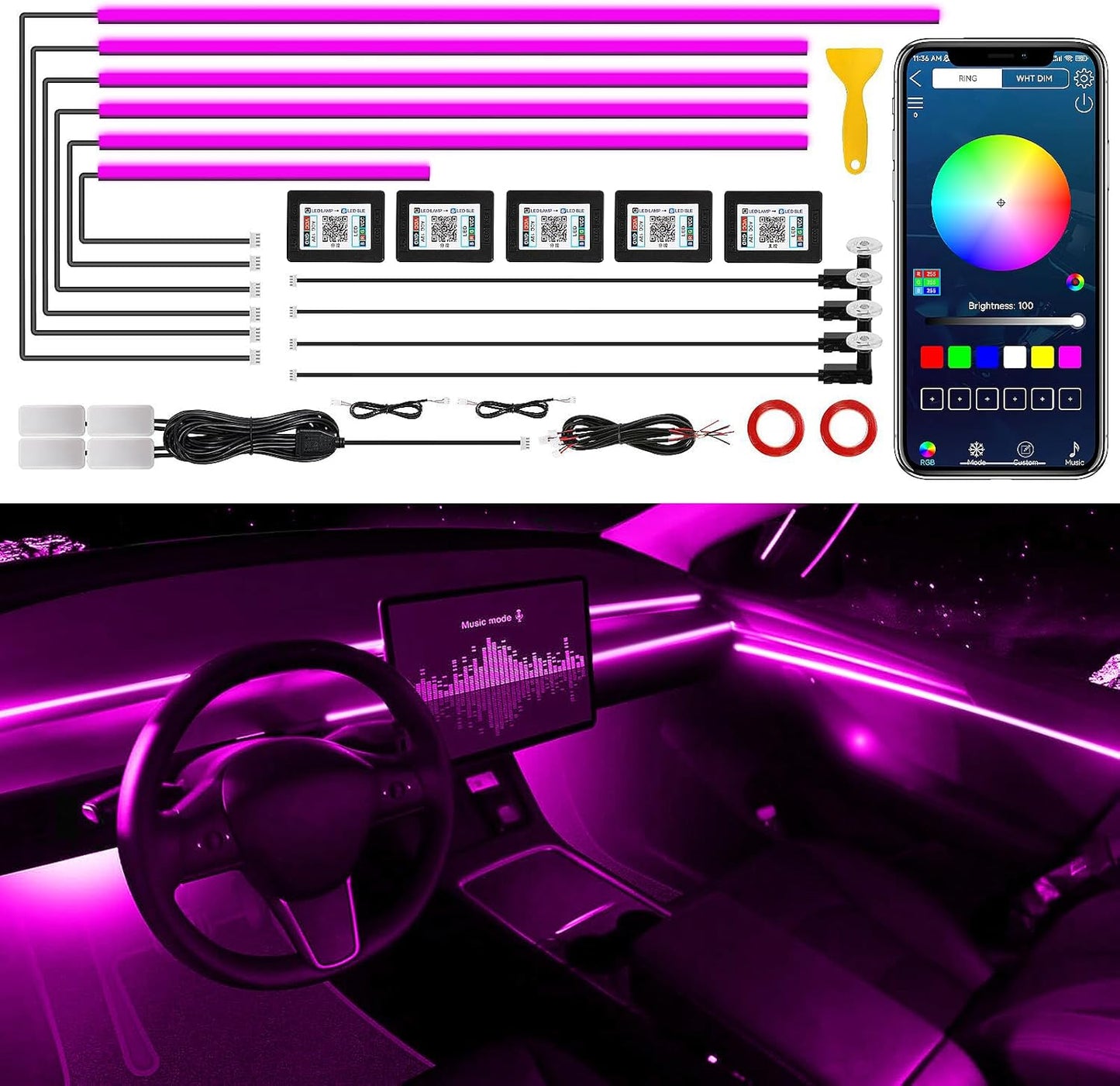 Acrylic Interior Car LED Strip Light with Wireless APP, 14 in 1 with 175 inches 593 LEDs Neon LED Strip Light, RGB Colors Dynamic Music Sync Car Ambient Lighting Kits