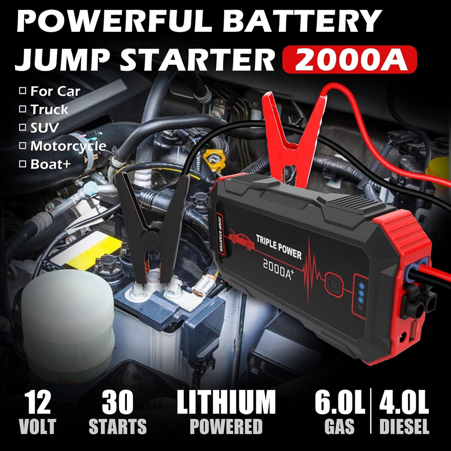 Car Jump Starter 2000A Peak (for up to 6.0L Gas or 4.0L Diesel Engine) 12V Car Battery Booster Pack, Portable Battery Starter, Power Bank Charger with Built-in LED Bright Light