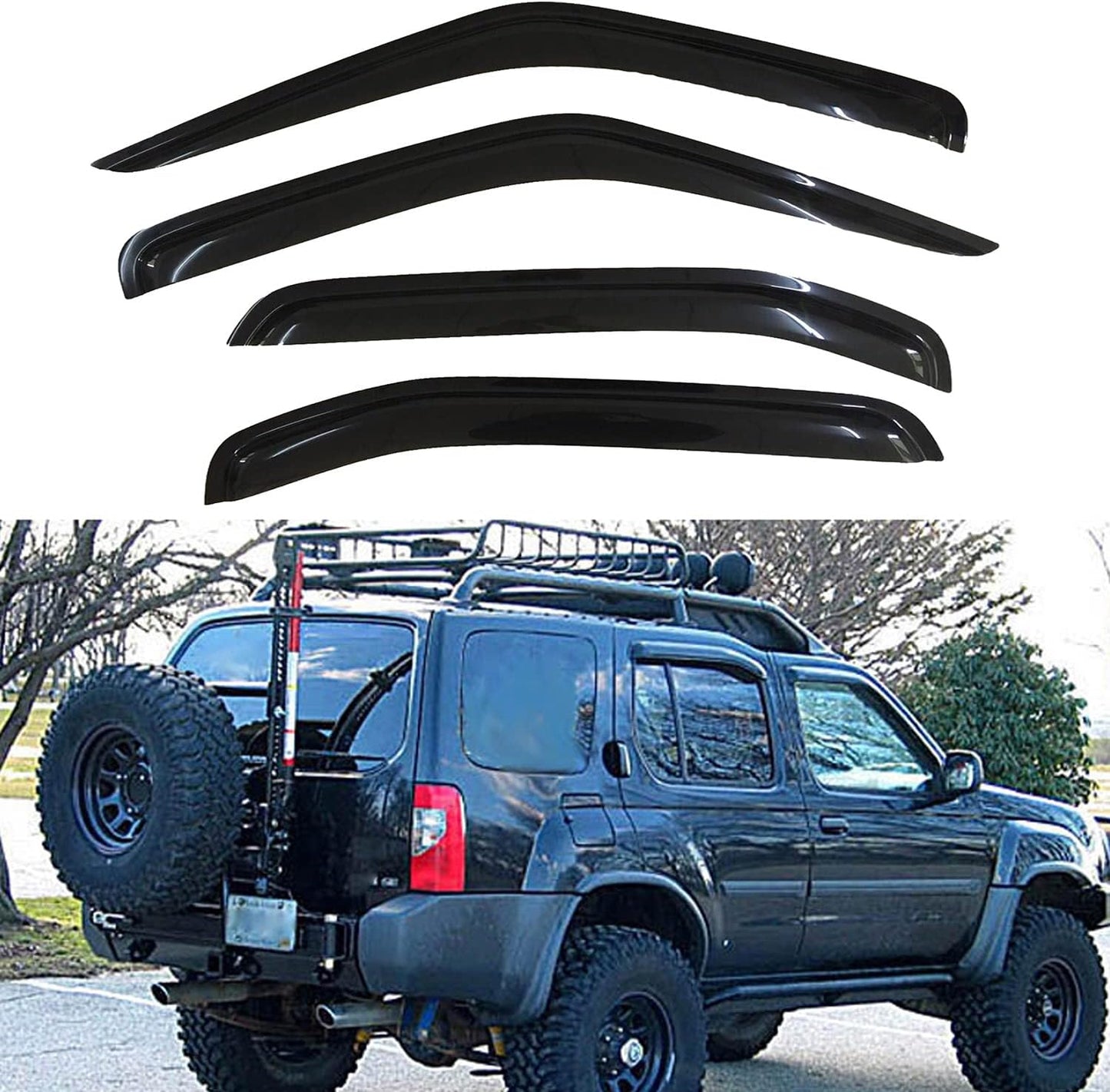 Set of 4 Front+Rear Smoke Sun/Rain Guard Outside Mount Tape-On Acrylic Window Visors Compatible with 00-04 Xterra