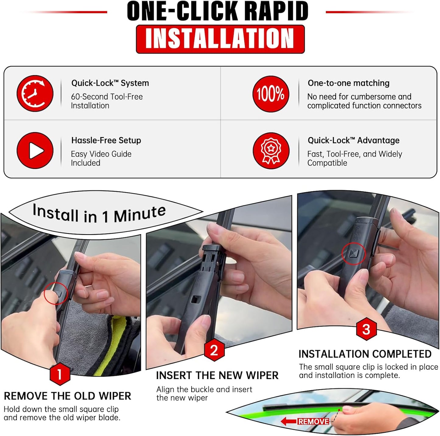 Windshield Wiper Blades - Replacement Set for Volkswagen Golf (2015-2021) & e-Golf (2015-2020) - Front & Rear (26", 18", 11") - Pack of 3