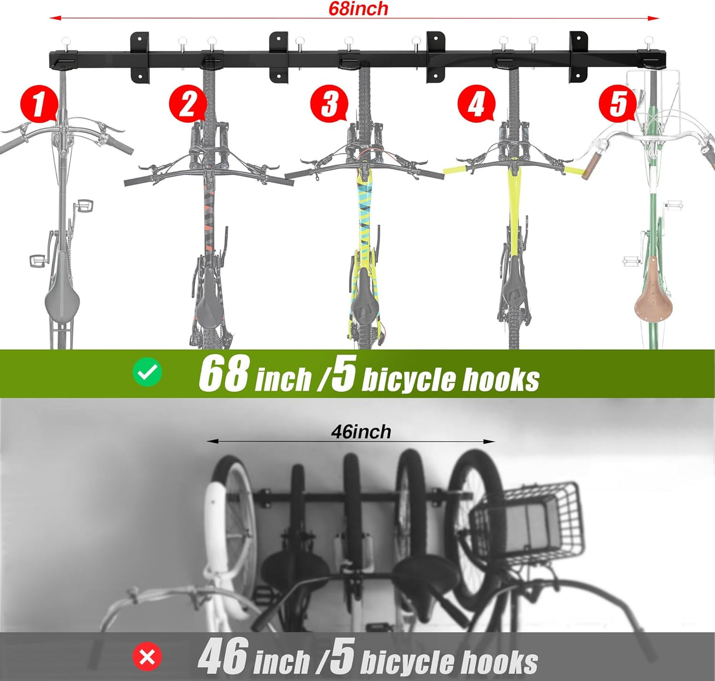 Bike Storage Rack, Garage Wall Mount Hanger, Indoor Bicycle Organizer with Adjustable Hooks for Home and Garage, 67-inch Cycle Stand Holds 5 Bikes, Wall Bike Stand Up to 300lbs