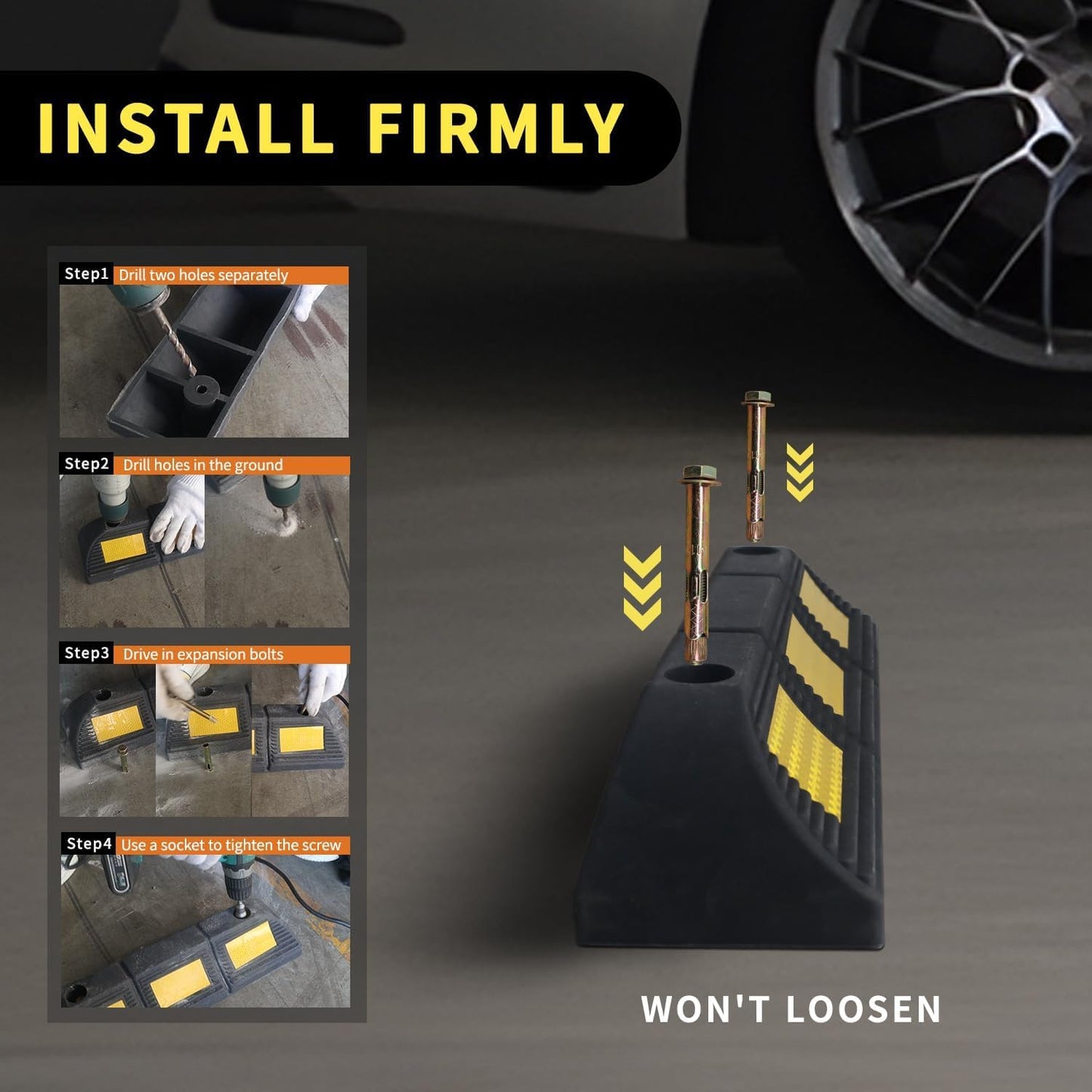 Parking Stopper for Garage Parking Aid 4 Pack Block, Car Truck Curb Floor Parking Lot Wheel Tire Stops Bumpers with Bolt Installation, Rubber Vehicles Aid Gadgets