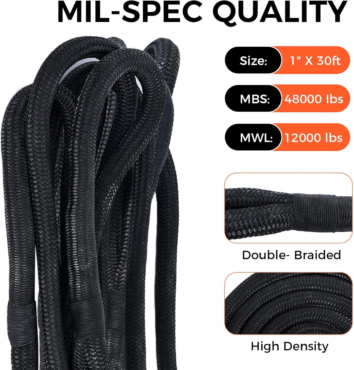 Kinetic Recovery Tow Rope, 48000LBS Snatch Strap (1" x 30ft) with Soft Shackles, Extreme Duty 30% Elasticity Energy Offroad Towing Straps Kit for Car Jeep Trucks SUV UTV ATV Tractor - Black