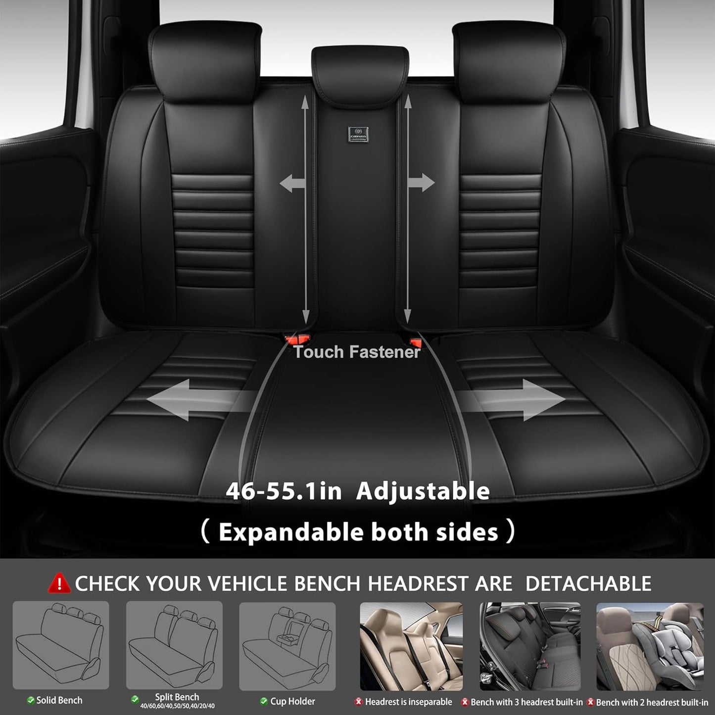 CAR PASS Back Seat Covers, Nappa Leather Rear Seat Bench Cushion Lined Sponge Waterproof Breathable PU Split Back Row Protector Universal Fit for Car Vehicle Sedan SUV Pickup Truck, Back Rear Seats