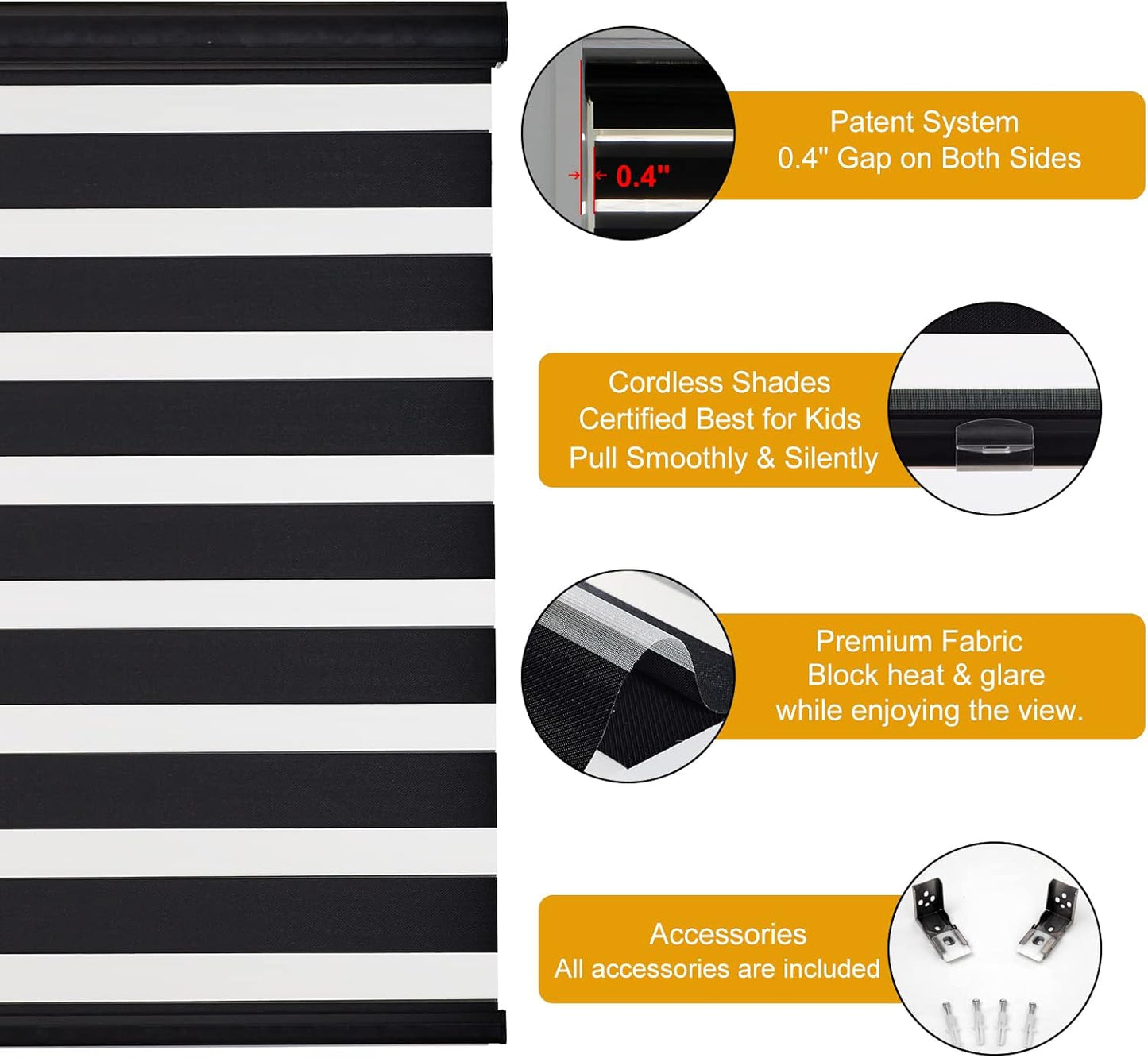 Persilux Cordless Zebra Blinds for Windows Free-Stop Roller Windows Shades (24" W X 72" H, Black) Dual Layer Light Control for Day and Night, Light Filtering Sheer Shades for Home, Bedroom