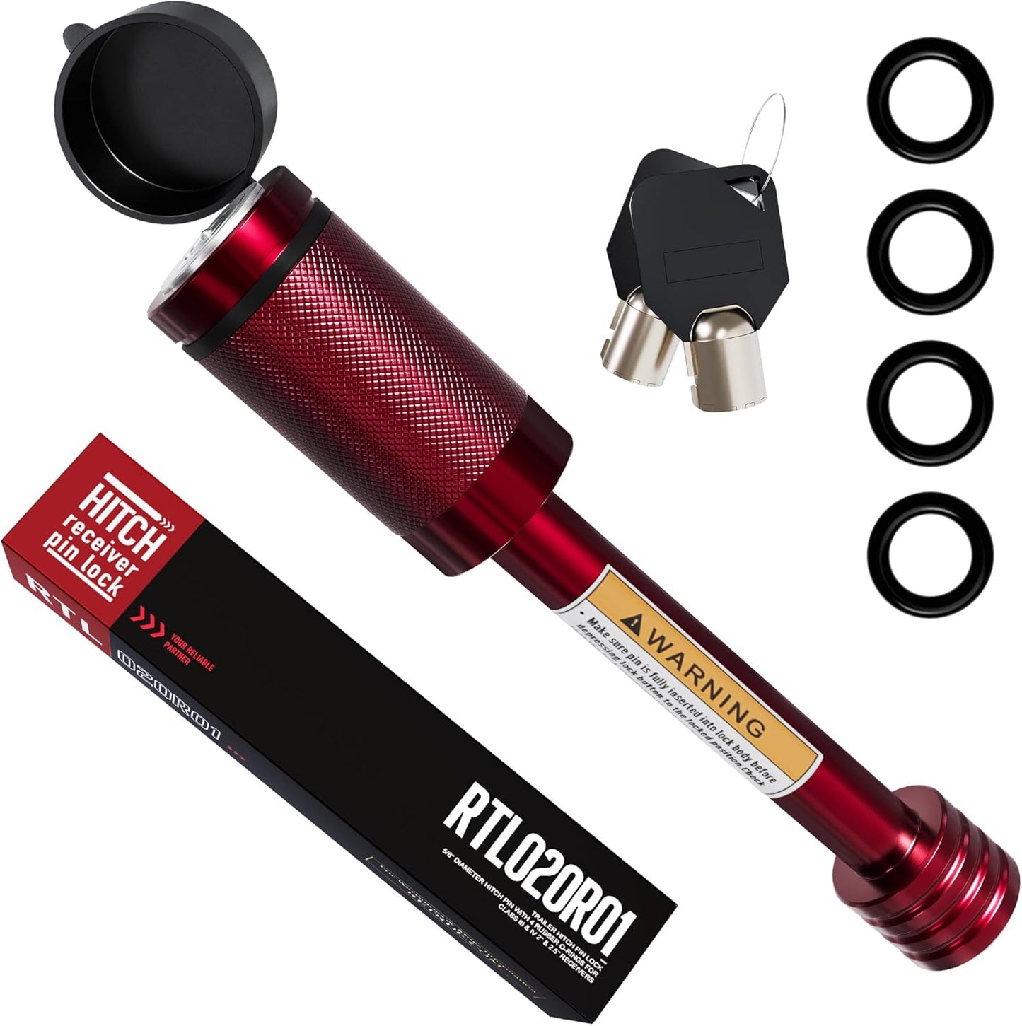 RETRUE Trailer Hitch Locks, 5/8" Locking Hitch Pin for 2 Inch and 2 1/2” Receiver Class III IV Hitch, Tow Hitch Lock with Keys O-Rings, Trailer Accessories for Outdoor,Red