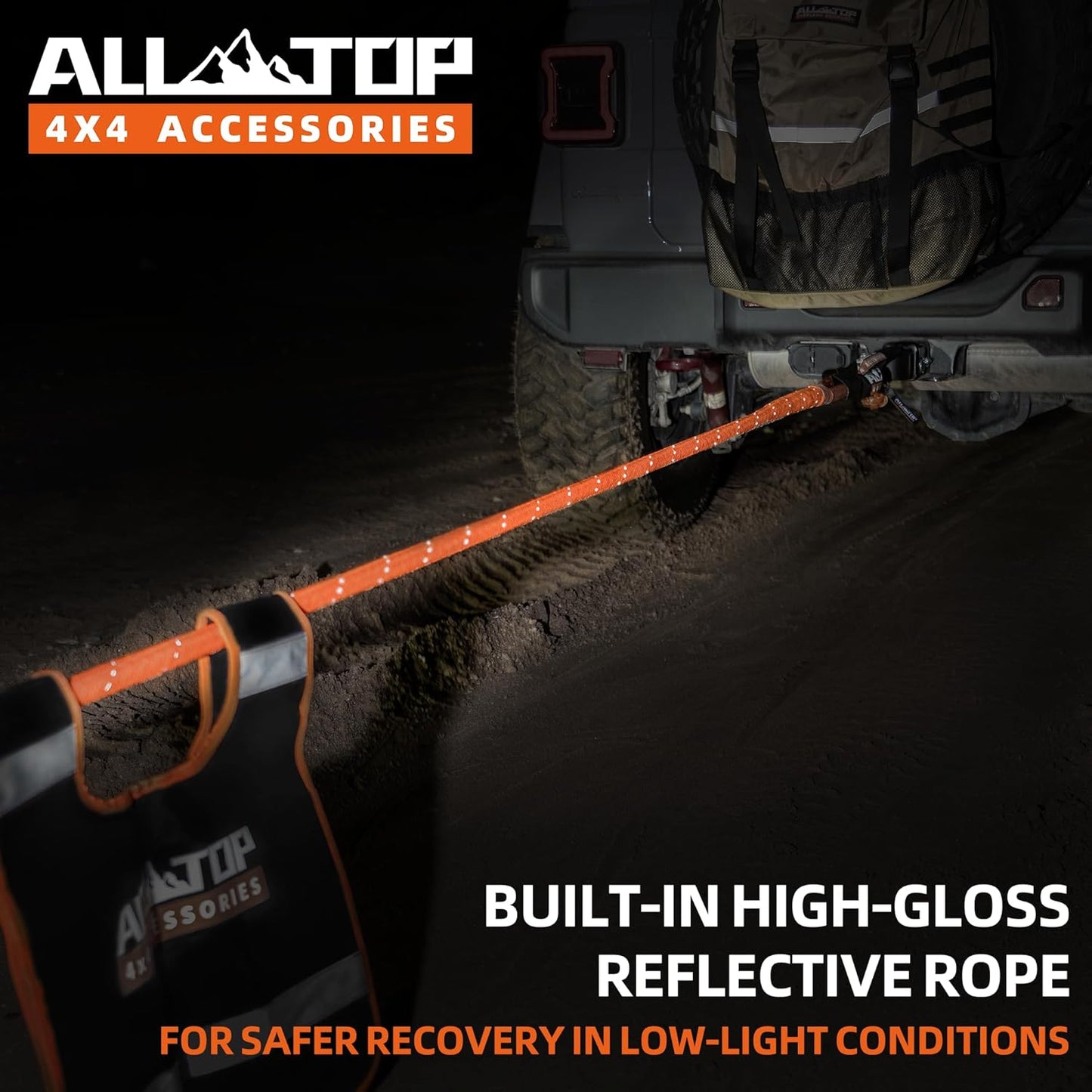 ALL-TOP Kinetic Rope Kit (Reflective) w/ 2 Soft Shackles, 48000Lbs, 1in x 30ft, Heavy Duty 30+% Elasticity, 16000Lbs Work Load Limit