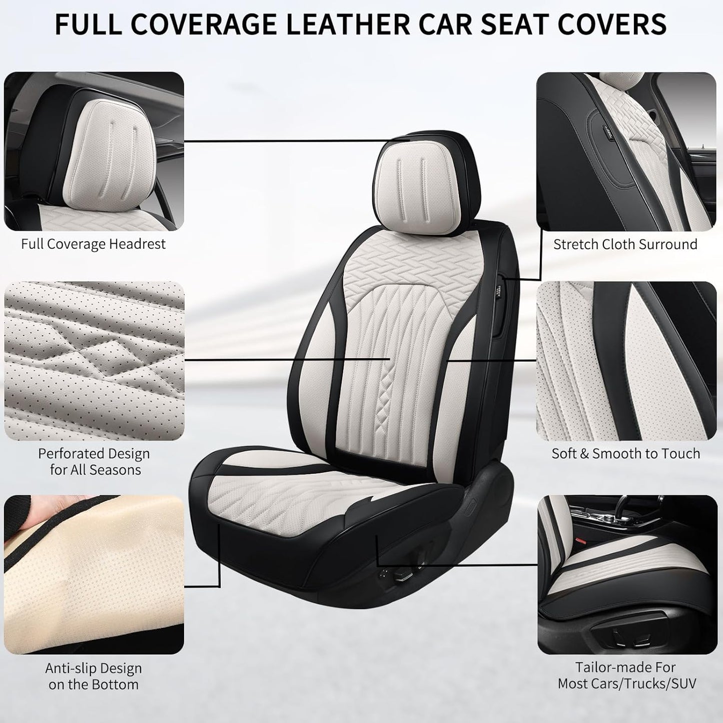 Car Seat Covers Full Set, Leather Seat Covers for Cars, Car Seat Protector Waterproof, Non-Slip Car Interior Covers Fit for Most Cars, SUV, Vans, Trucks,5Seaters,Full Set,Black-White