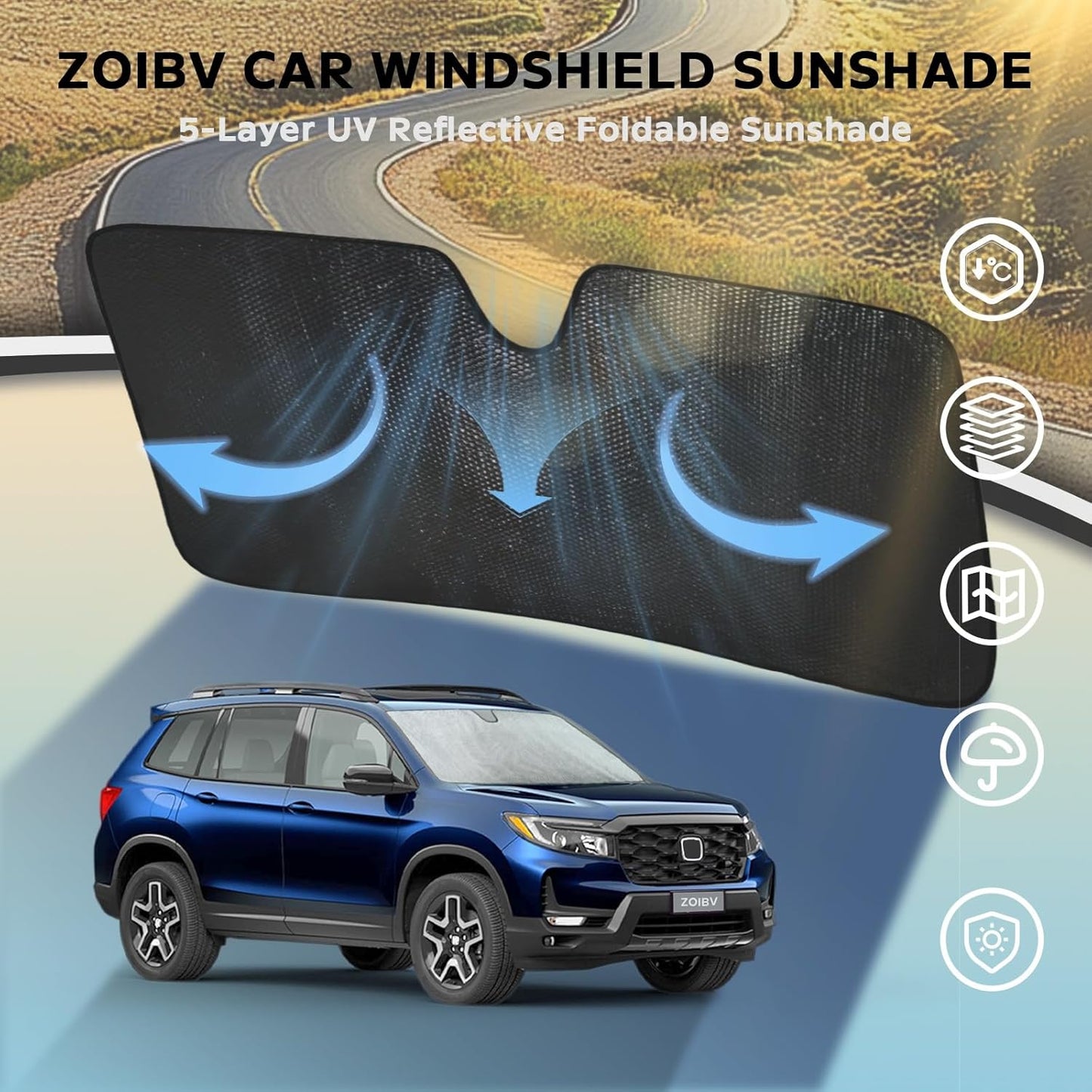 Windshield Sun Shade for 2019-2025 Honda Passport Sport EX-L Touring Elite - 5-Layer Bubble Foldable Front Window Shade Sun Visor Accessories - Blocks Heat & UV Rays