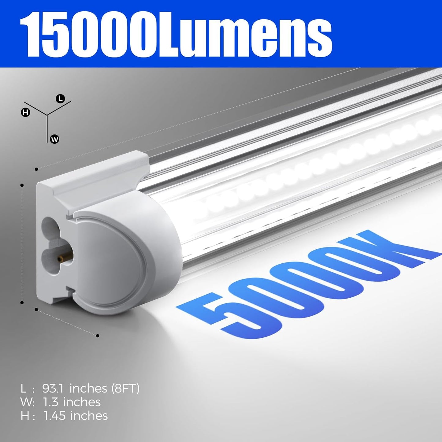 Barrina 8FT LED Shop Light, 100W 15000LM 5000K, Clear Cover Linkable Led Tube Lights, V Shape Integrated T8 LED Lighting, LED Ceiling Lights for Garage, Warehouse, Workshop, ETL Listed, 12 Pack