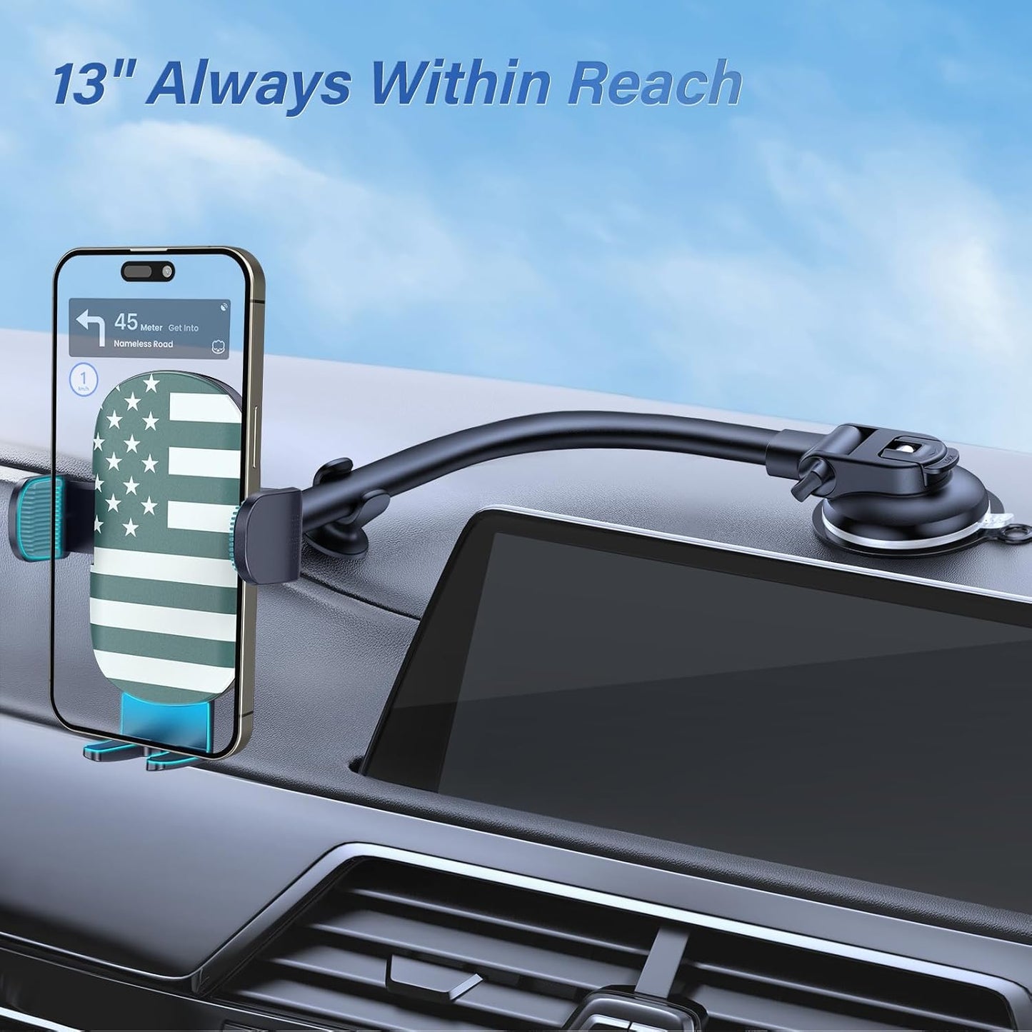 OQTIQ Phone Mount for Car [Gooseneck 13" Long Arm] Car Phone Holder for Dashboard, Windshield, Strong Suction Cup Cell Phone Holder for Car Truck (Patriotic Flag)