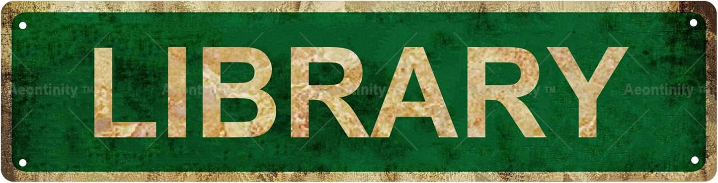 LIBRARY Non-Embossed Vintage Metal Tin Street Sign Bar Cafe Garage Cave Home Room Wall Bathroom Farmhouse Garden Porch Patio Decor, 16 x 4 Inch