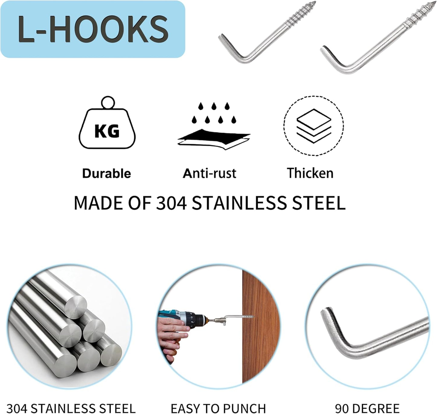 304 Stainless Steel 2 in Screw-in Hooks 20 Pcs,7 Shape Screw Hooks,Right Angle Medal Hooks l Shaped Screw in Hooks for Hanging