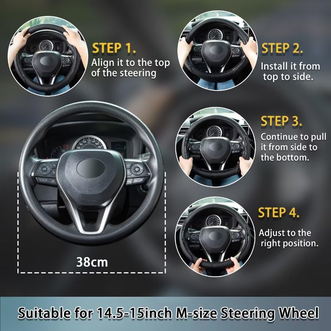 Steering Wheel Cover Black, Carbon Fiber Car Steering Wheel Covers with Coasters Universal 14.5-15 inch Leather Microfiber Breathable Anti-Slip Steering Wheel Accessories Set
