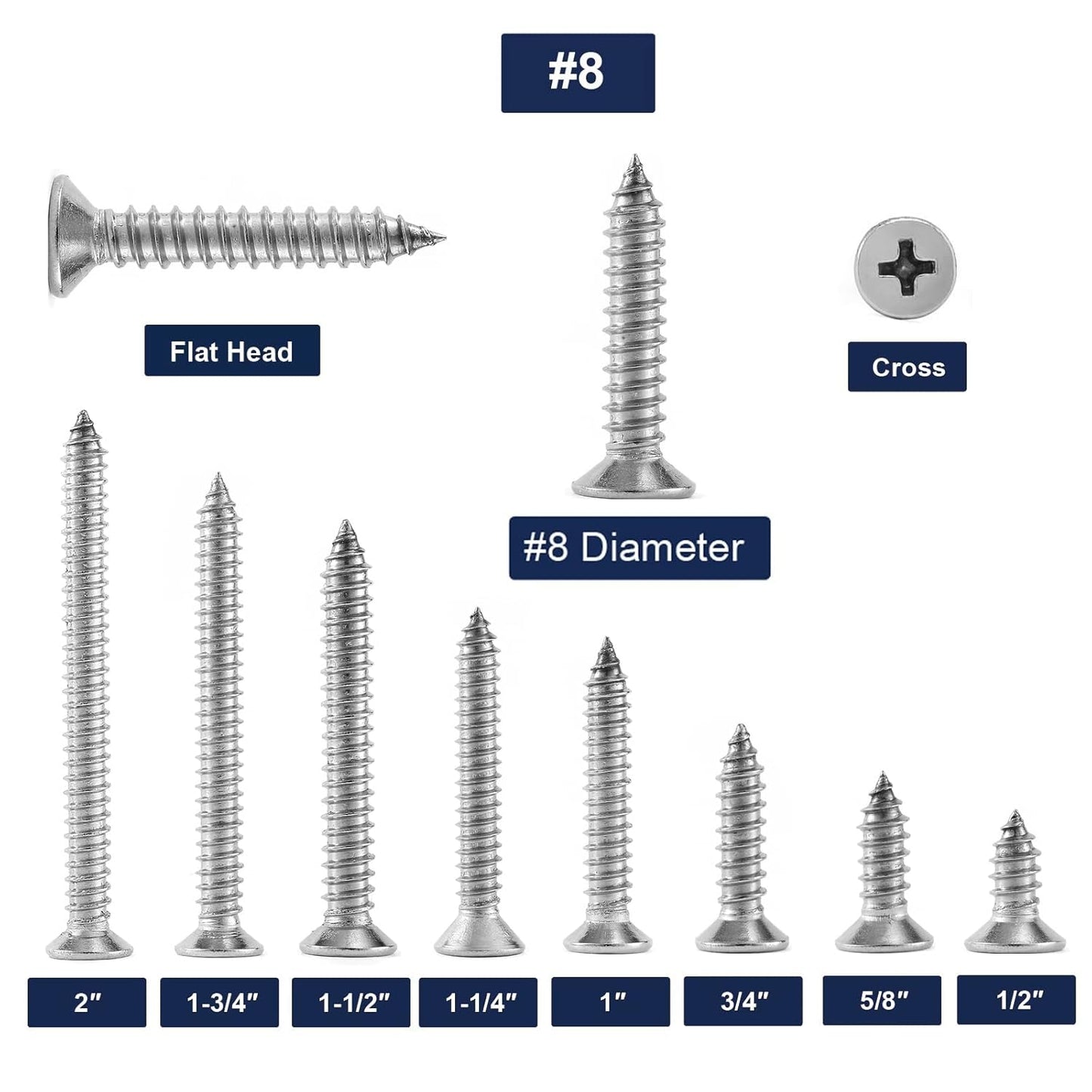 #8 x 1" Wood Screw 100Pcs 18-8 (304) Stainless Steel Screws Flat Head Phillips Fast Self Tapping Drywall Screws by SG TZH