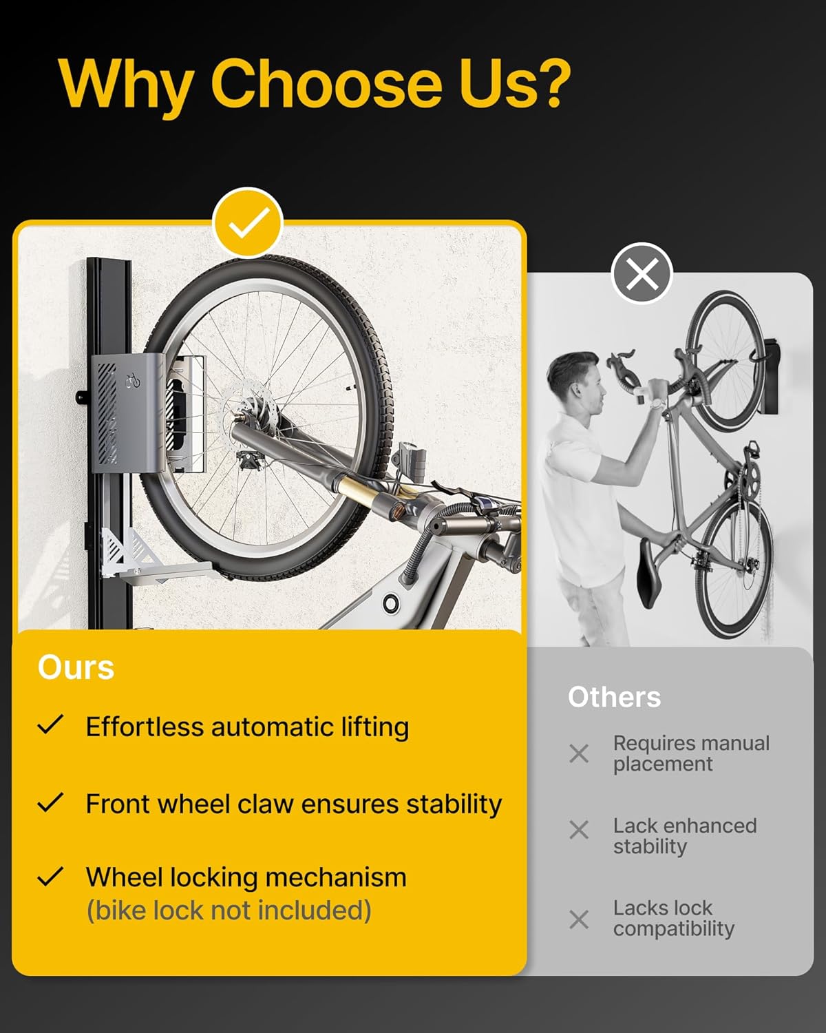 monTEK Automatic Lift EBike Rack – Fits 24-29" Tires, Heavy-Duty Vertical Wall Rack for Bicycles (Up to 71 lbs) - Effortless Lifting, Easy Install - Space-Saving Storage for Garage, Shed, BG