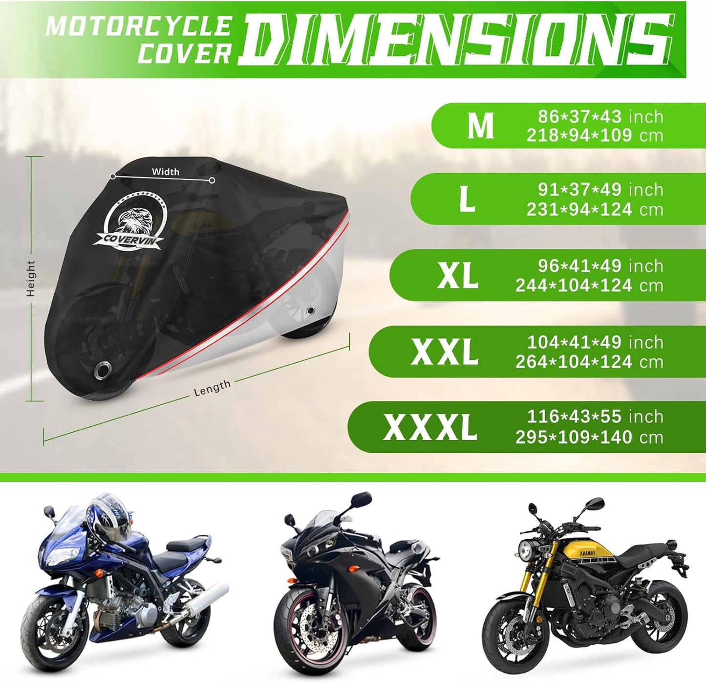 COVERVIN Motorcycle Cover, All Weather Outdoor Waterproof Night Protection with Reflective Strips, Locking Holes and Storage Bag for 96 Inch Suzuki, Kawasaki, Honda, Harley-Davidson(Silver XL)