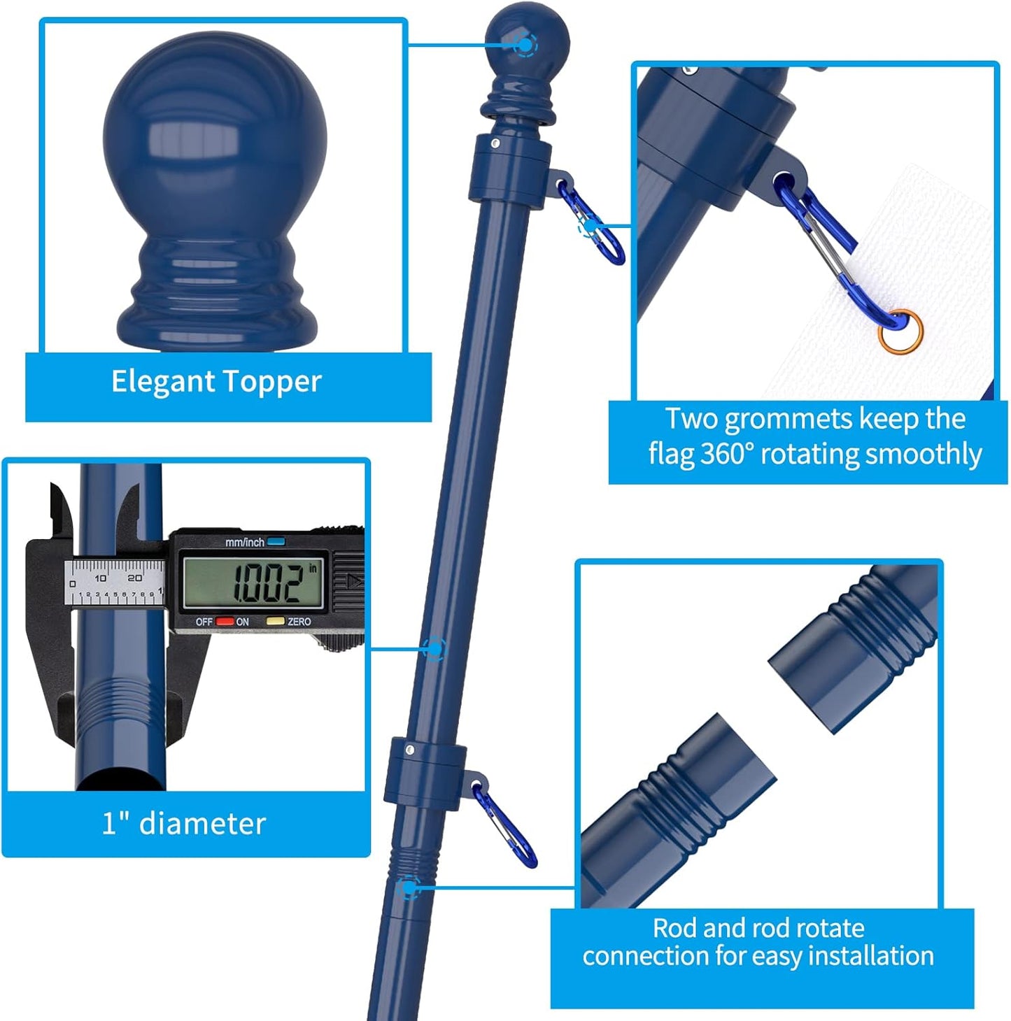 ZMTECH Flag Pole - Upgraded Bracket,(2 Packs) 6 FT Stainless Steel Flag Poles for Outside House, Residential or Commerical, Tangle Free Flag Pole Kit for American Flag (Without Flag, Blue)