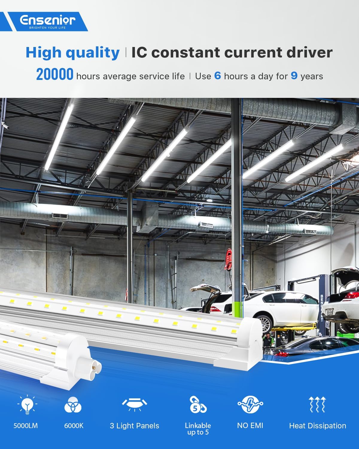 Ensenior 6 Pack 4 FT Led Shop Lights, 6000K Clear White, 5000LM Super Bright, 36W Equivalency 468W, Commercial Bay Lighting, U-Shaped Linkable Shop Lights Plug in for Garage, Workshop, FCC Certified