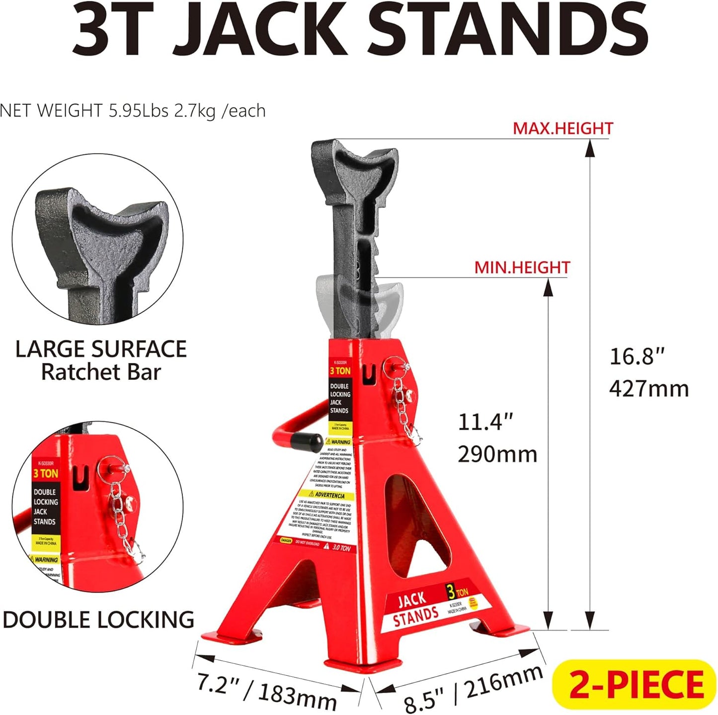 4 Piece Car Truck Floor Jack Service, Hydraulic Trolley Floor Jack & Jack Stands & Tire Repair Kit for Garage Shop DIY, Lifting Range 3.3"-15.2", Steel Car Jack 2 Ton/4000 LBS Capacity, Red