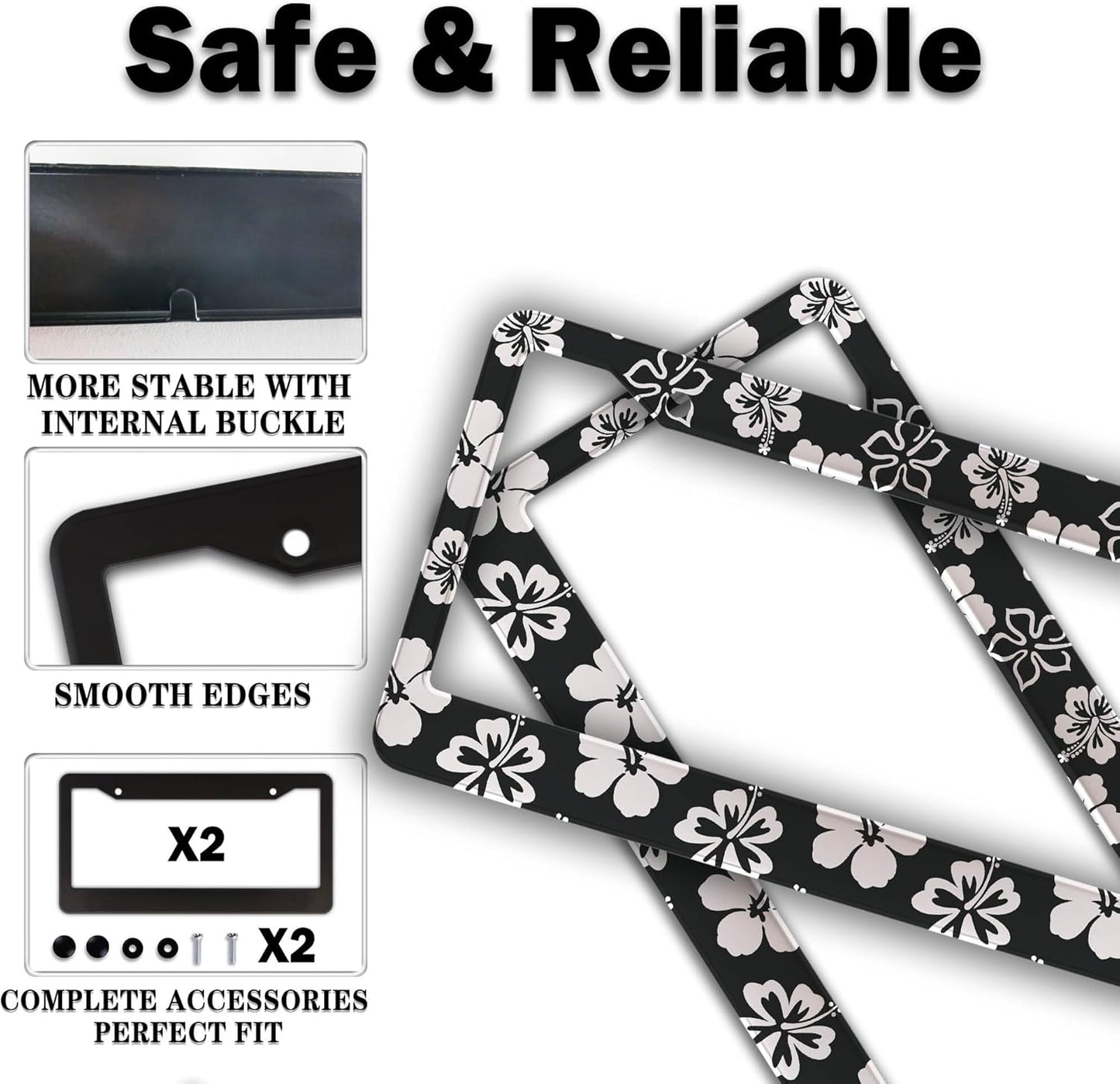 Automotive Exterior Accessories Black and White License Plate Frames Beautiful Hibiscus Flowers Universal Aluminum Car Accessory 2 Pack with Screw Covers Set