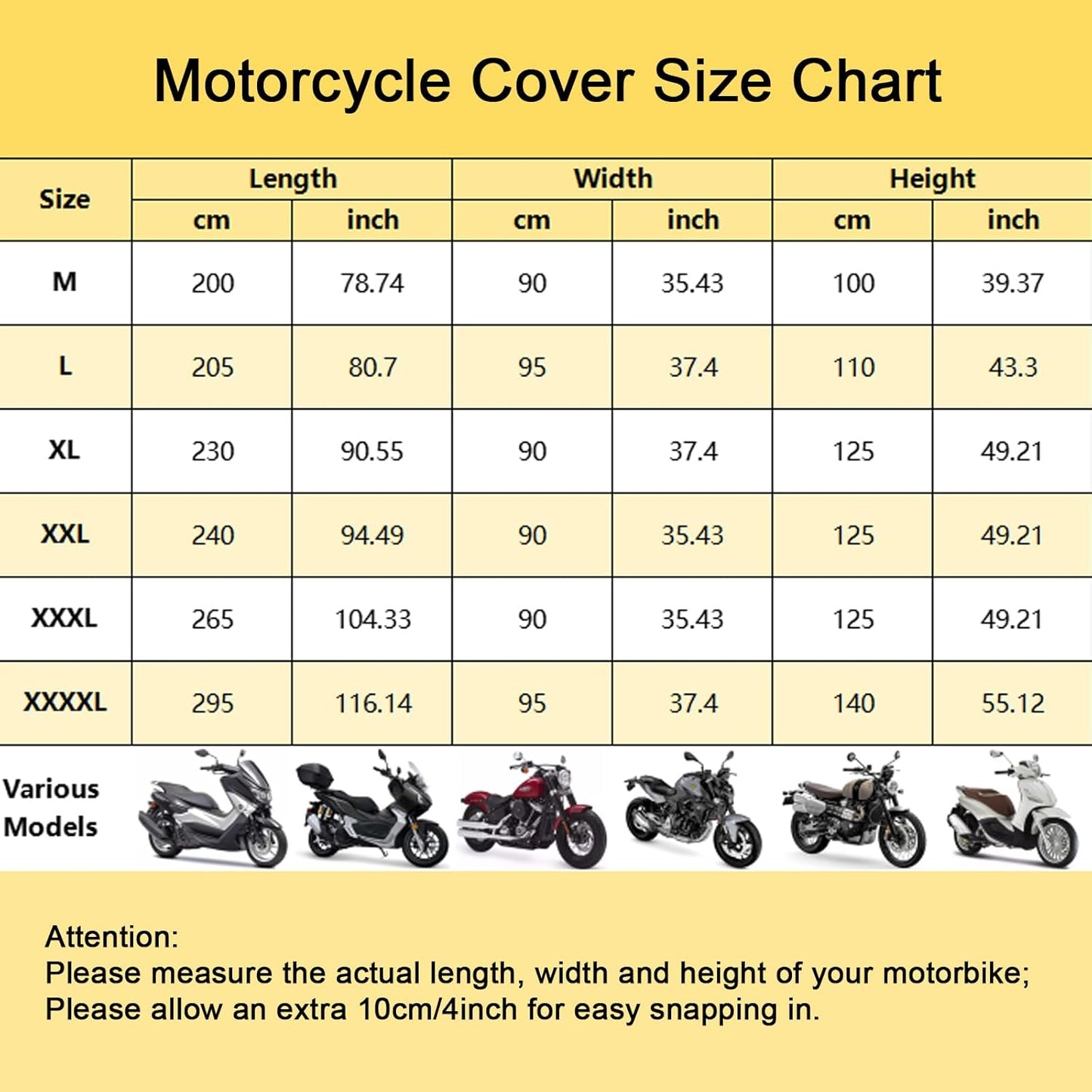 Waterproof Motorbike Cover Outdoor, Motorcycle Scooter Moped Rain Dust Cover with 5 Reflective Strips and 2 Windproof Buckles, 2 Lock-Holes for Cruisers Sportbikes (3XL: 104 x 35 x 49 inch)
