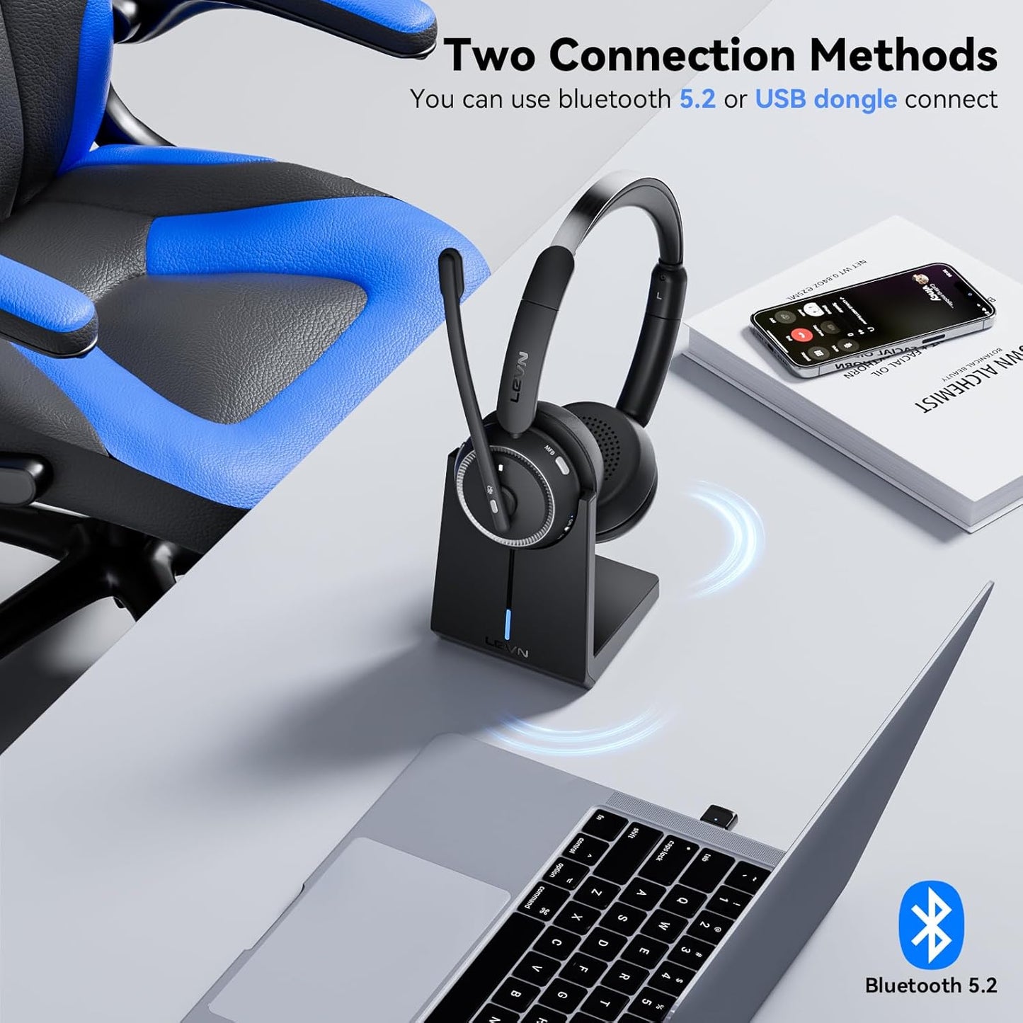 Wireless Headset with Mic for Work, Bluetooth Headset with Microphone (Noise Cancelling & Mute Button), Wireless Headphones with Mic for Work from Home/Office/PC/Call Center/Computer/Laptop/Teams/Zoom