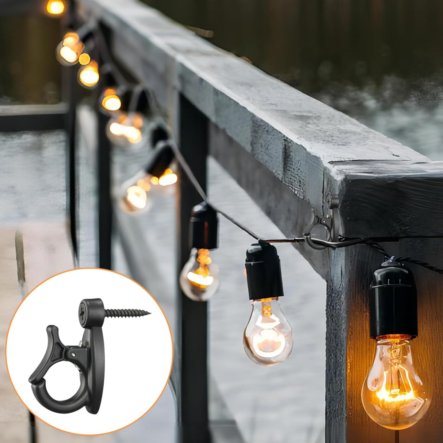 24 Pcs String Light Hooks, Screw in Hooks for Hanging String Lamp, Wire, Plants Pot, Wind Chimes, Patio Fairy Light Cord Holder with Buckle, Outdoor Concrete Wood Wall Halloween Xmas Decor Q Hanger