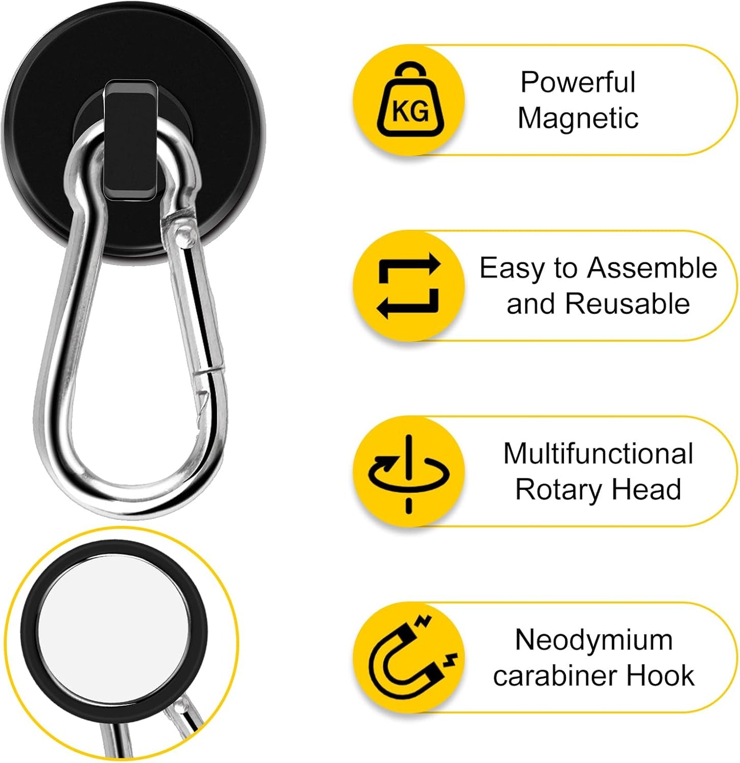 DIYMAG Black Magnetic Hooks, 110LBS Heavy Duty Neodymium Magnetics with Swivel Carabiner Hook,Great for Your Refrigerator and Other Magnetism Surfaces, Pack of 15