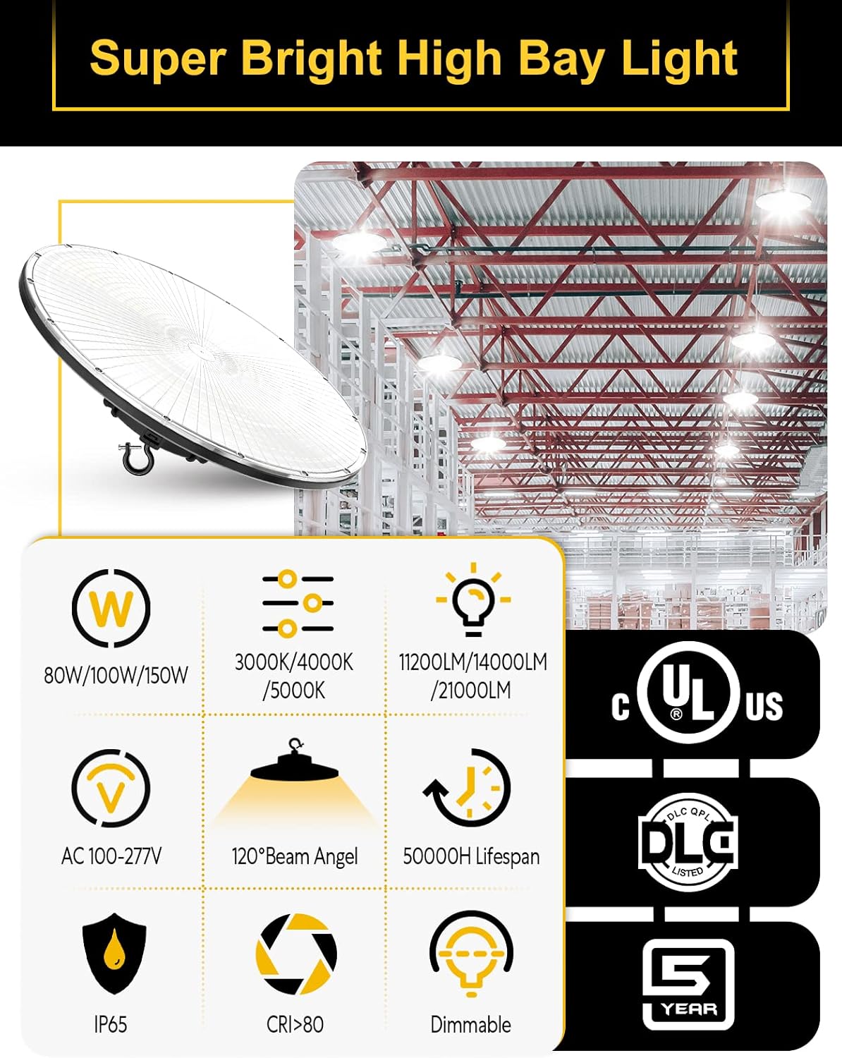 UFO LED High Bay Light, 150W/100W/80W Adjustable, 3000K/4000K/5000K, UL & DLC Listed 21000LM 0-10V Dimmable IP65 Waterproof High Bay Lights AC100-277V for Warehouse Factory(9 Pack)