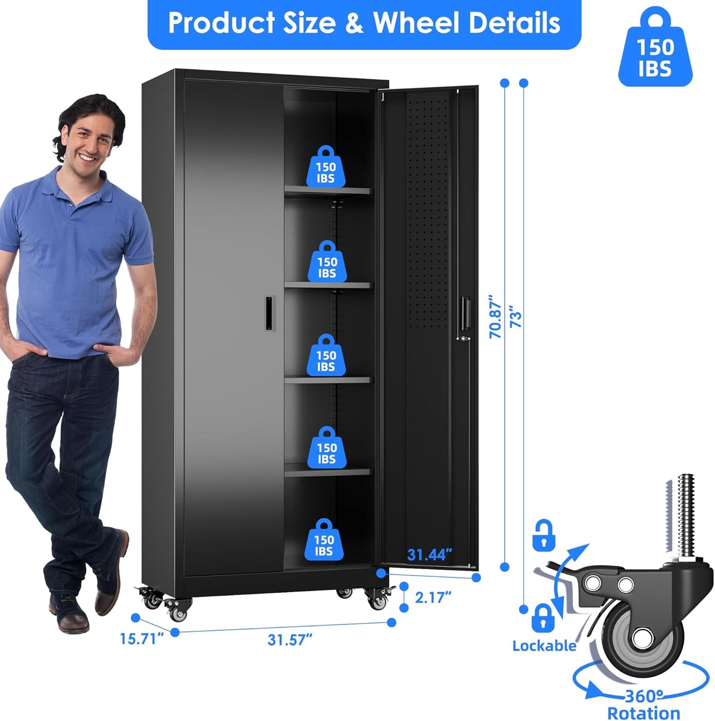 Metal Storage Cabinet with Wheels, Pegboard and 4 Hooks, 73" H Garage Storage Cabinet with 4 Adjustable Shelves and 2 Lockable Doors for Garage Home Office Warehouse, Black, Assembly Required