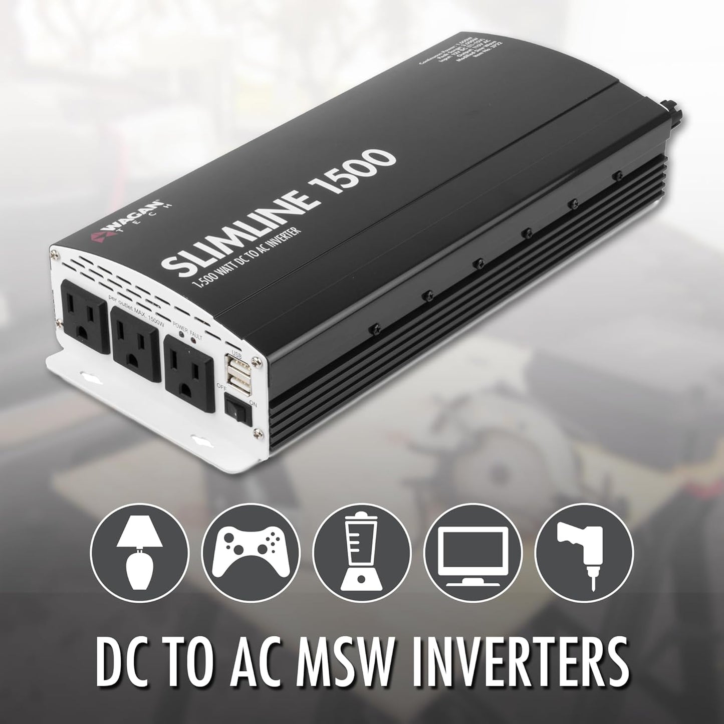 Wagan EL3720 1000W Slimline Plus AC to DC Power Inverter 1000 Watt TrueRated Continuous 2500 Watt Surge Power DC 12V to AC 110V Modified Sine Wave 3 AC Outlets and 2A USB Charging Port