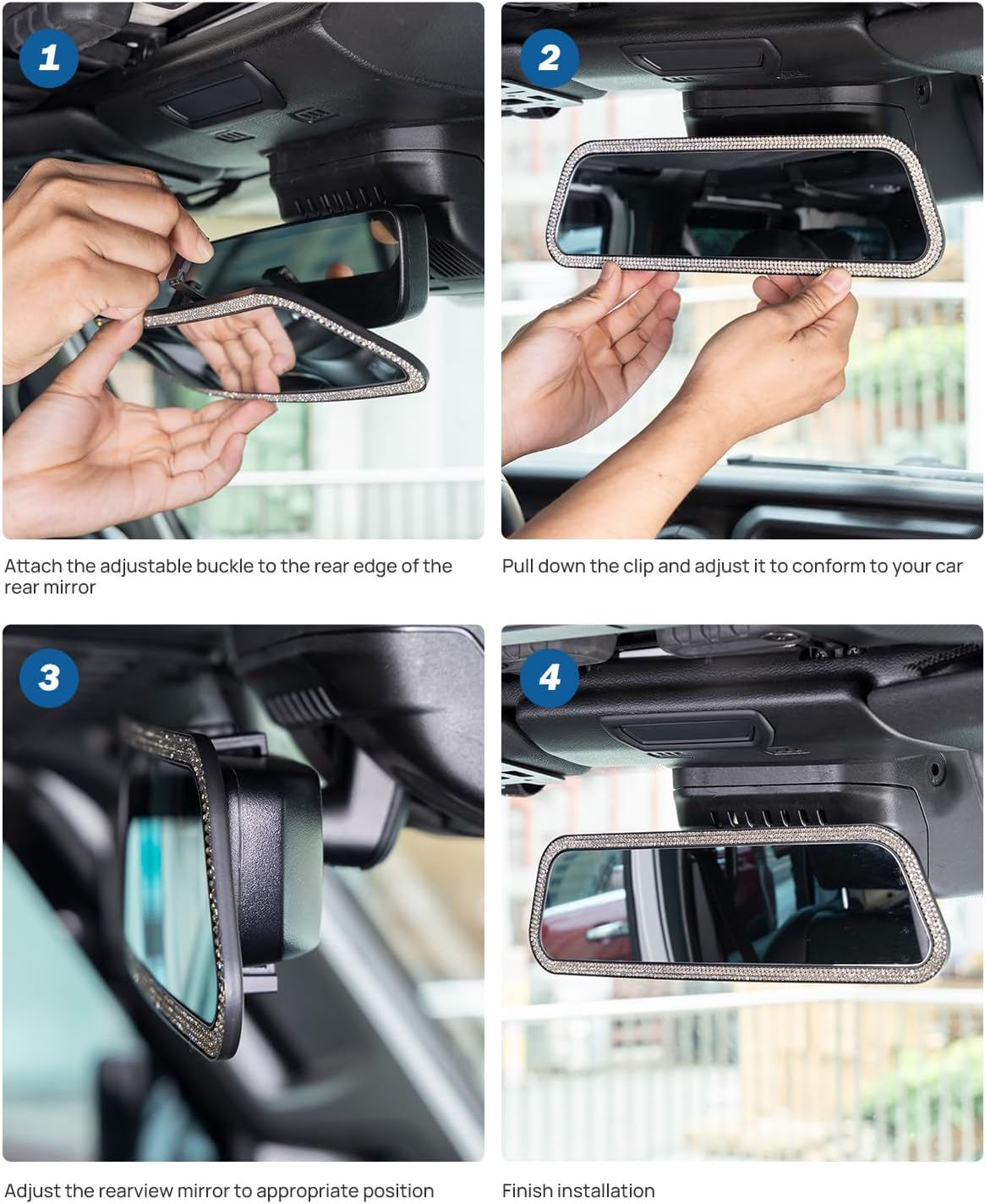 JOYTUTUS Rearvie Mirror, 12 Inch Panoramic Interior Clip-on Wide Angle Convex Rear View Mirror with Bling Rhinestones Diamonds Edge, Effectively to Reduce Blind Spot, Universal for SUV Trucks -White