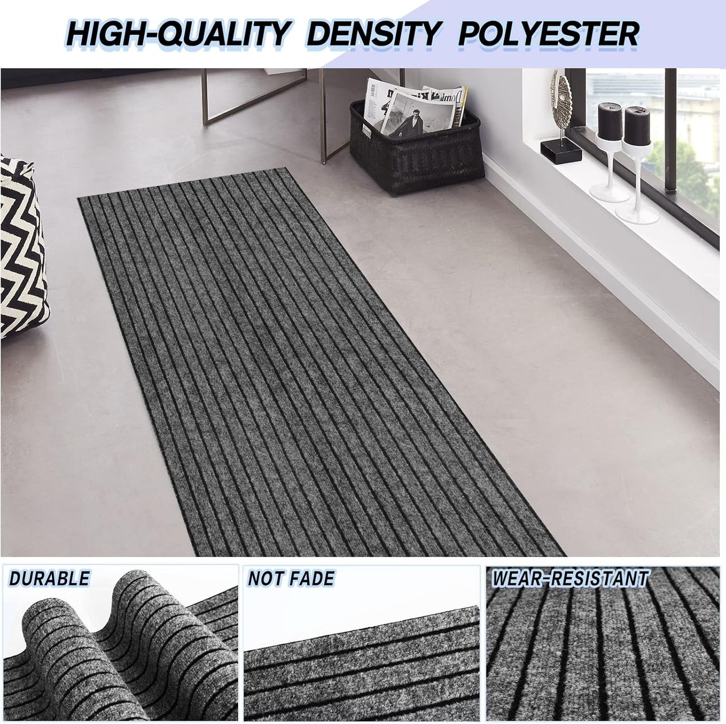 Custom Size Backed Non-Slip Area Rugs Runner, Easy Clean, Waterproof Runner Rugs for Hallway Entryway, Kitchen, Laundry, 3FT x 49FT, Gray Stripe