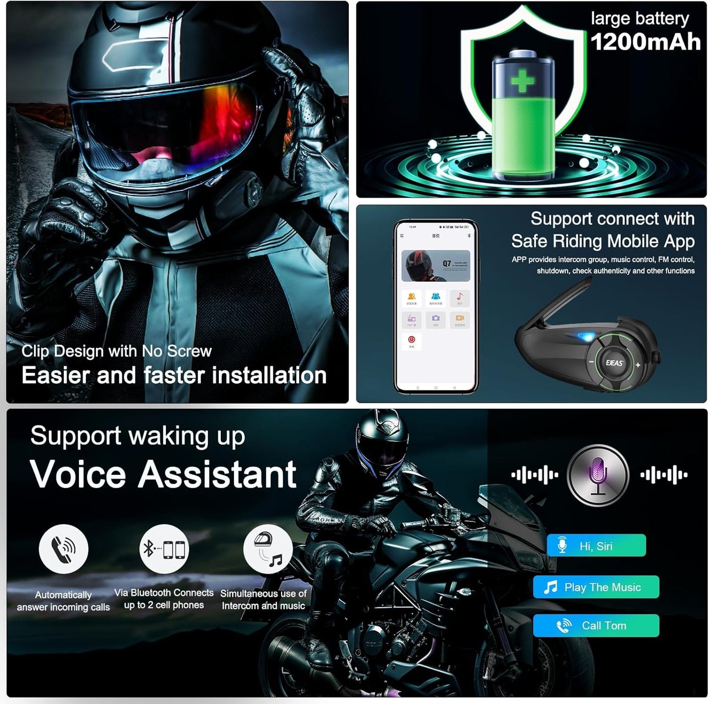 EJEAS Q8 2PC Motorcycle Bluetooth Headset, Upgraded Mesh 3.0 Intercom System with Music Sharing and IP67 Waterproof for 6 Riders Group Talking