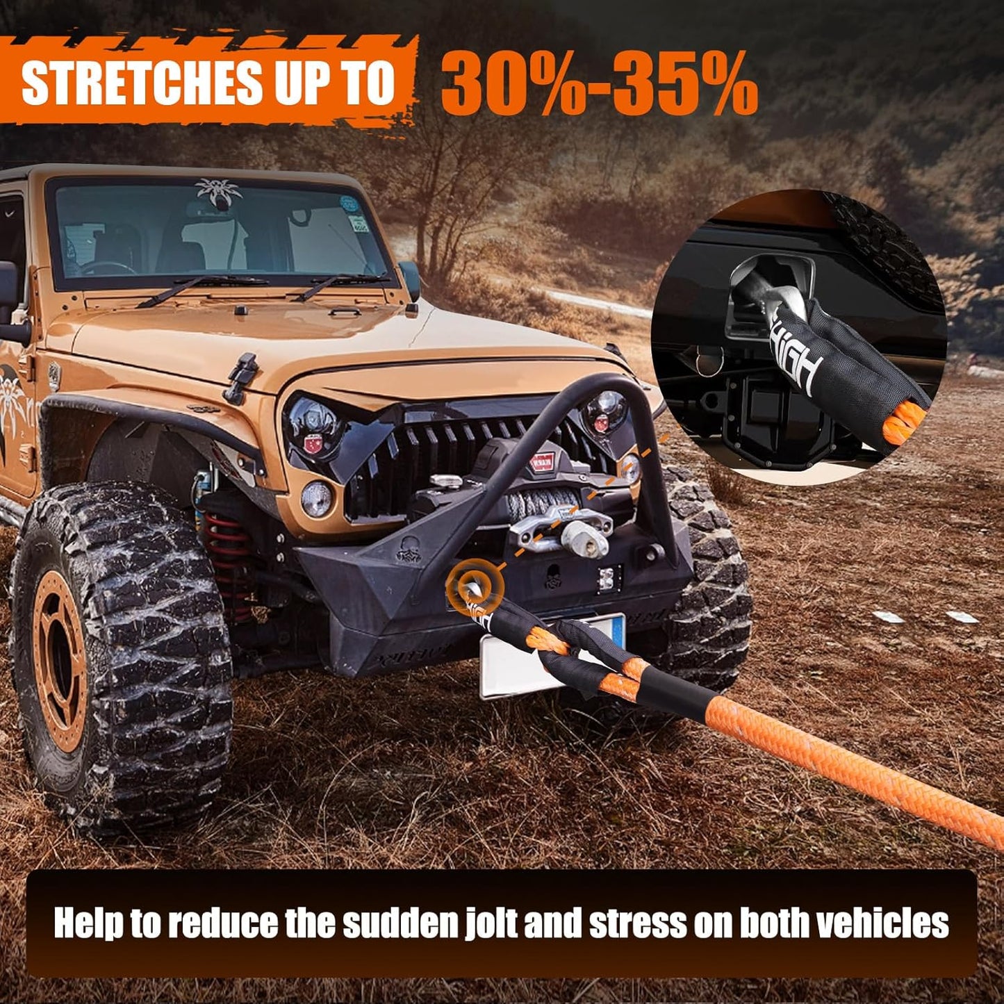 MAIKEHIGH 1-1/8" x 30ft Kinetic Tow Rope(56,000LBS), Heavy Duty Recovery Rope with 2 UHMWPE Soft Shackles, 30+% Elasticity Off Road Recovery Kit Towing Straps for Vehicle Trucks Tractor Car