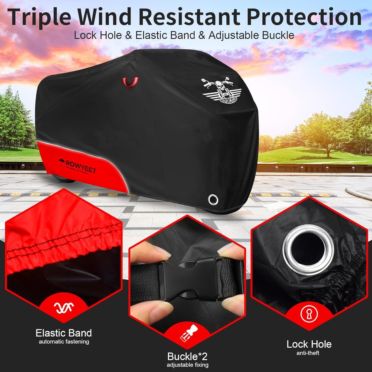 Motorcycle Cover Waterproof Outdoor Storage with Lock-Holes, Storage Bag & Night Reflective Design, Heavy Duty Protection Powersports Vehicle Covers Fits up to 96.5"-116" (420D Red, 104")