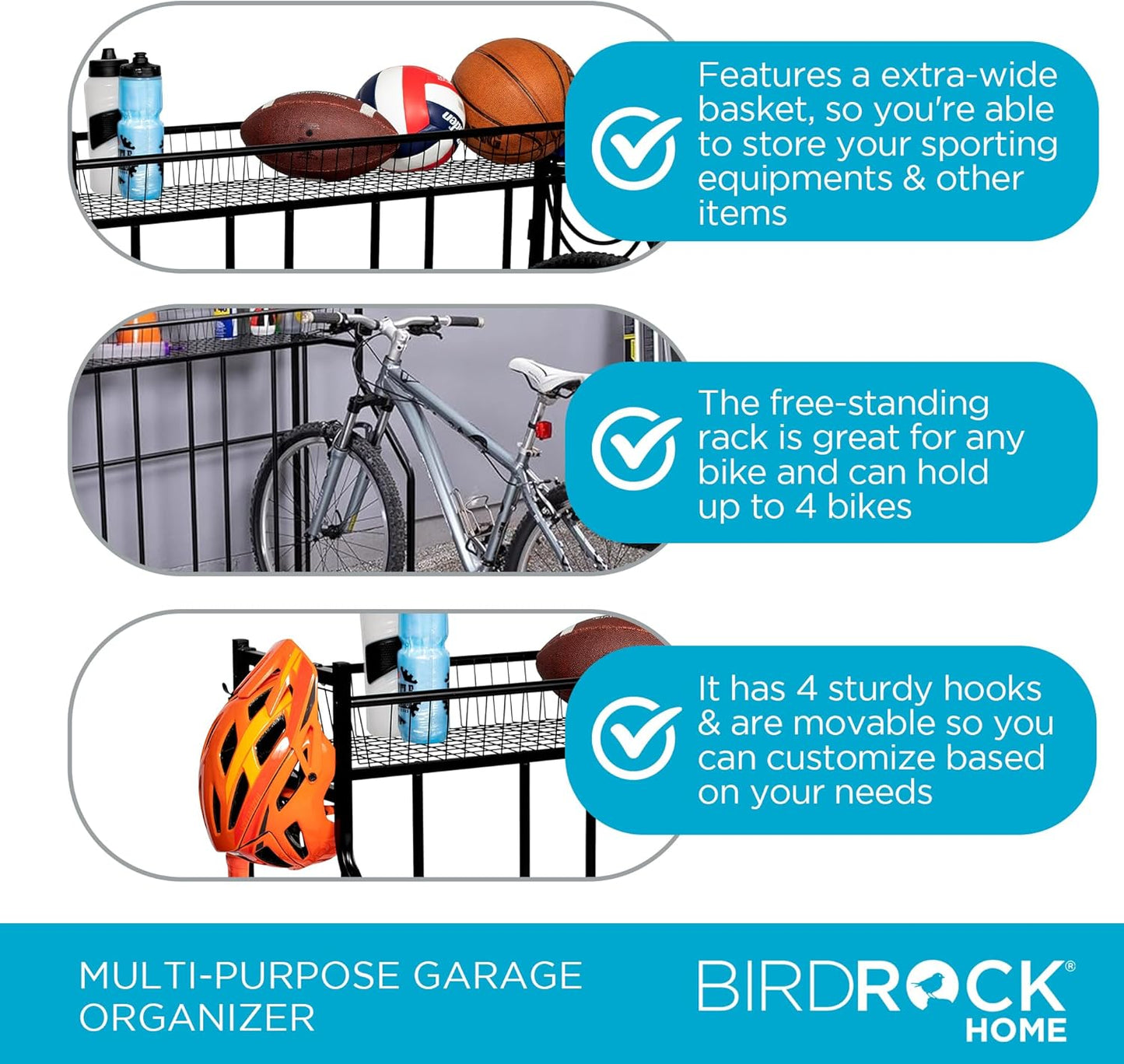 BIRDROCK HOME Bike Rack Garage Storage Floor Stand - Freestanding Organizer for Outdoor Yard - Upright Wall Mount for Scooters, Rakes, Motorcycles, Hoverboards, Gloves - Holds 4 Bicycle - Black