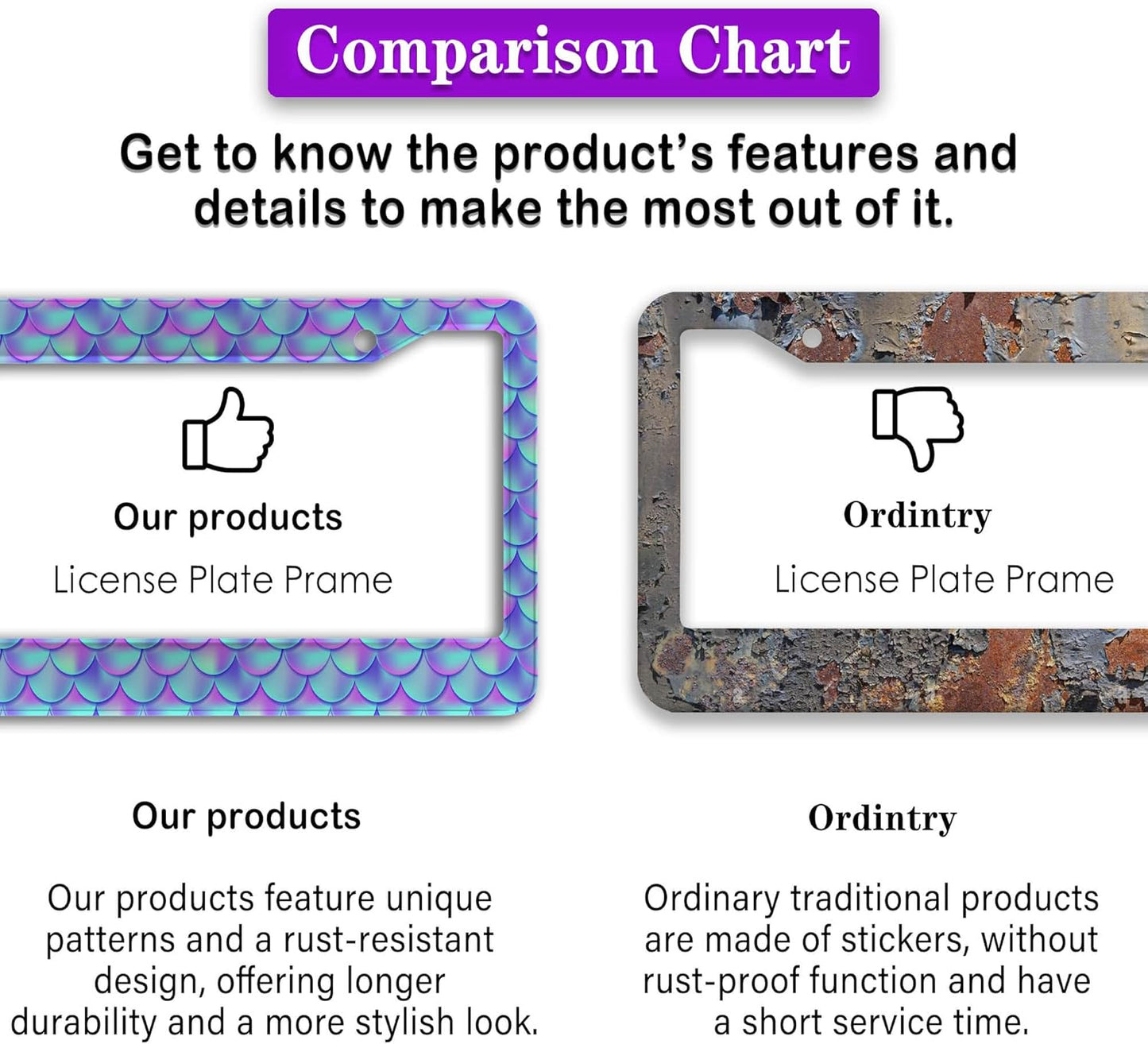 License Plate Frames for Men Purple; License Plate Frame for Women Mermaid Purple Scales Aluminum Metal Car Accessory 2 Pack with Screw Covers Set