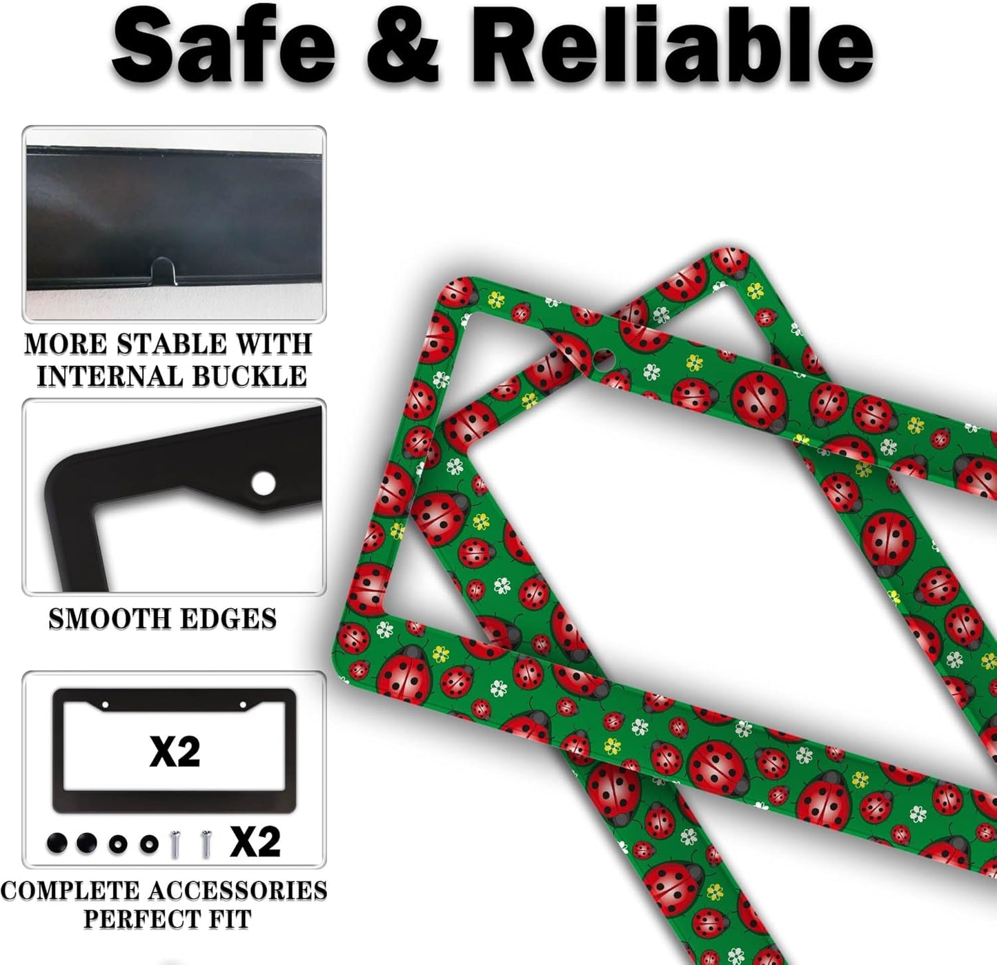 License Plate Frame Red Green License Plate Protector Cute Ladybug and Flowers Universal Aluminum Car Accessory 2 Pack with Screw Covers Set