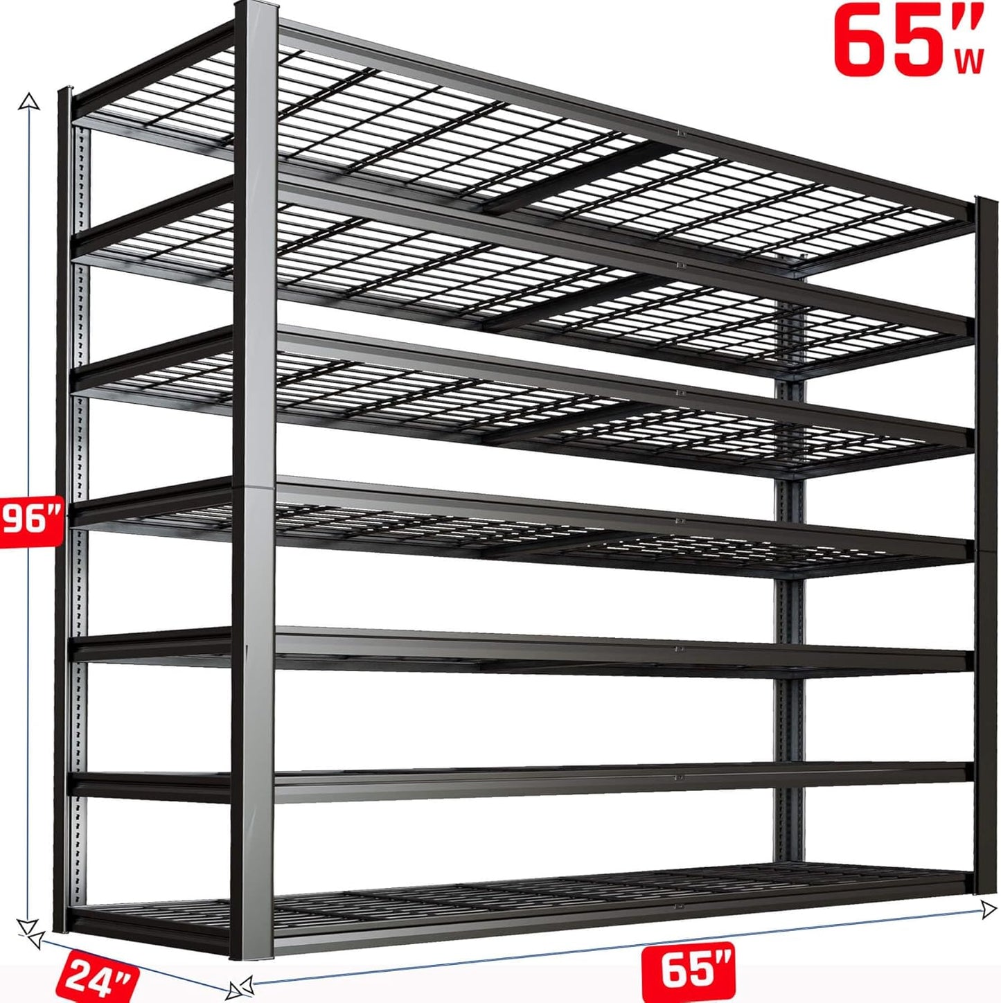 7 Tier Garage Shelving Heavy Duty,65" W Garage Shelves, 65" W x 96" H x 24" D Adjustable Storage Shelving Unit, Commercial Metal Shelves for Warehouse, Basement