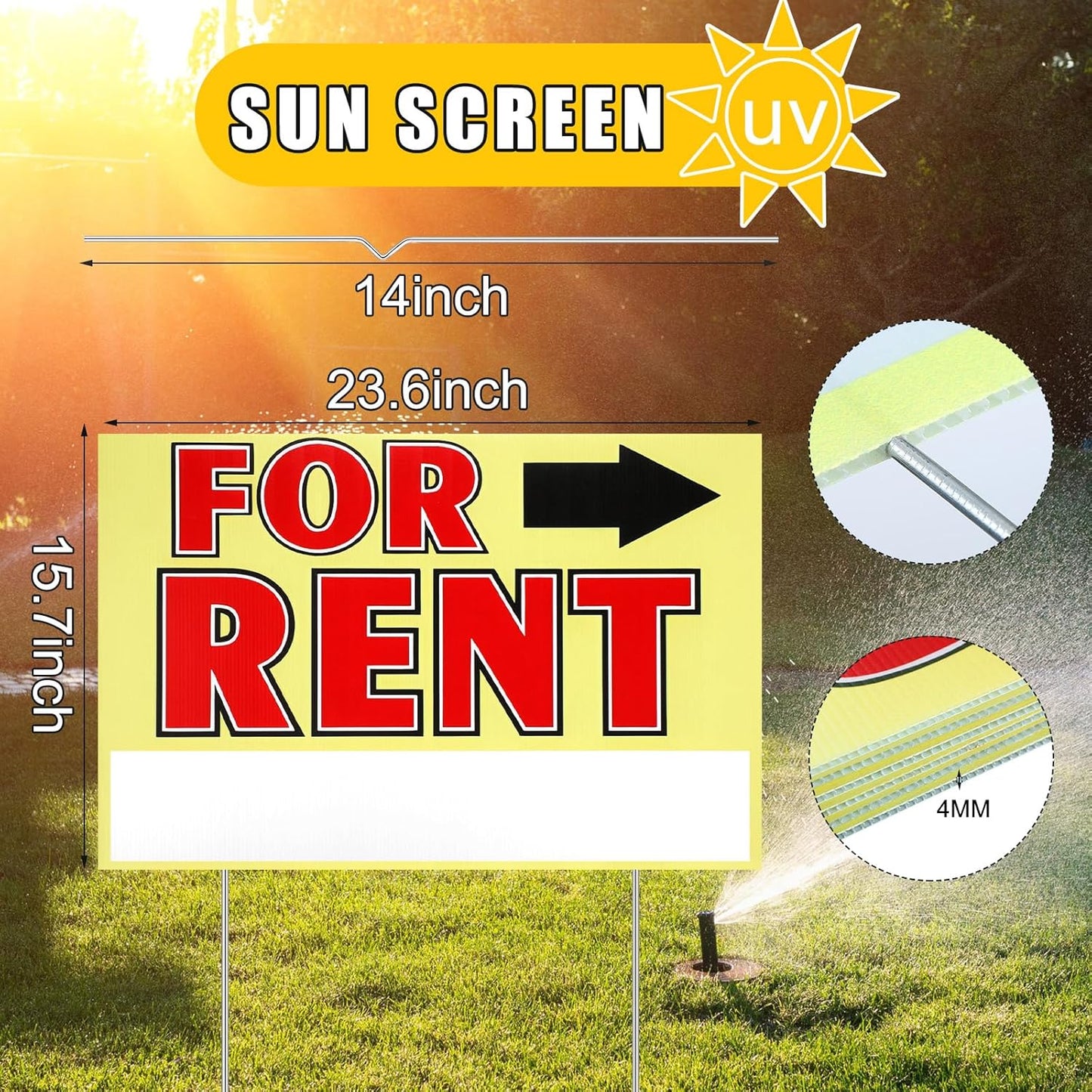 Marsui 3 Pcs Sale Sign 23.6 x 15.7 Inch Double Sided Sign with Stakes Blank Corrugated Plastic Signs with Directional Arrow and Metal Stake (for Rent)