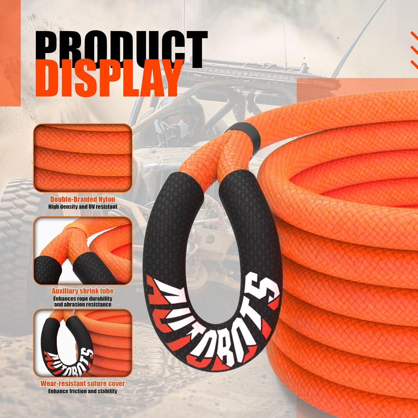 AUTOBOTS Kinetic Recovery Rope 1" x 30'(48,600lbs)+2 Soft Shackles，Heavy Duty Tow Rope Tow Strap for Truck ATV UTV SUV Car，Offroad Recovery Kit