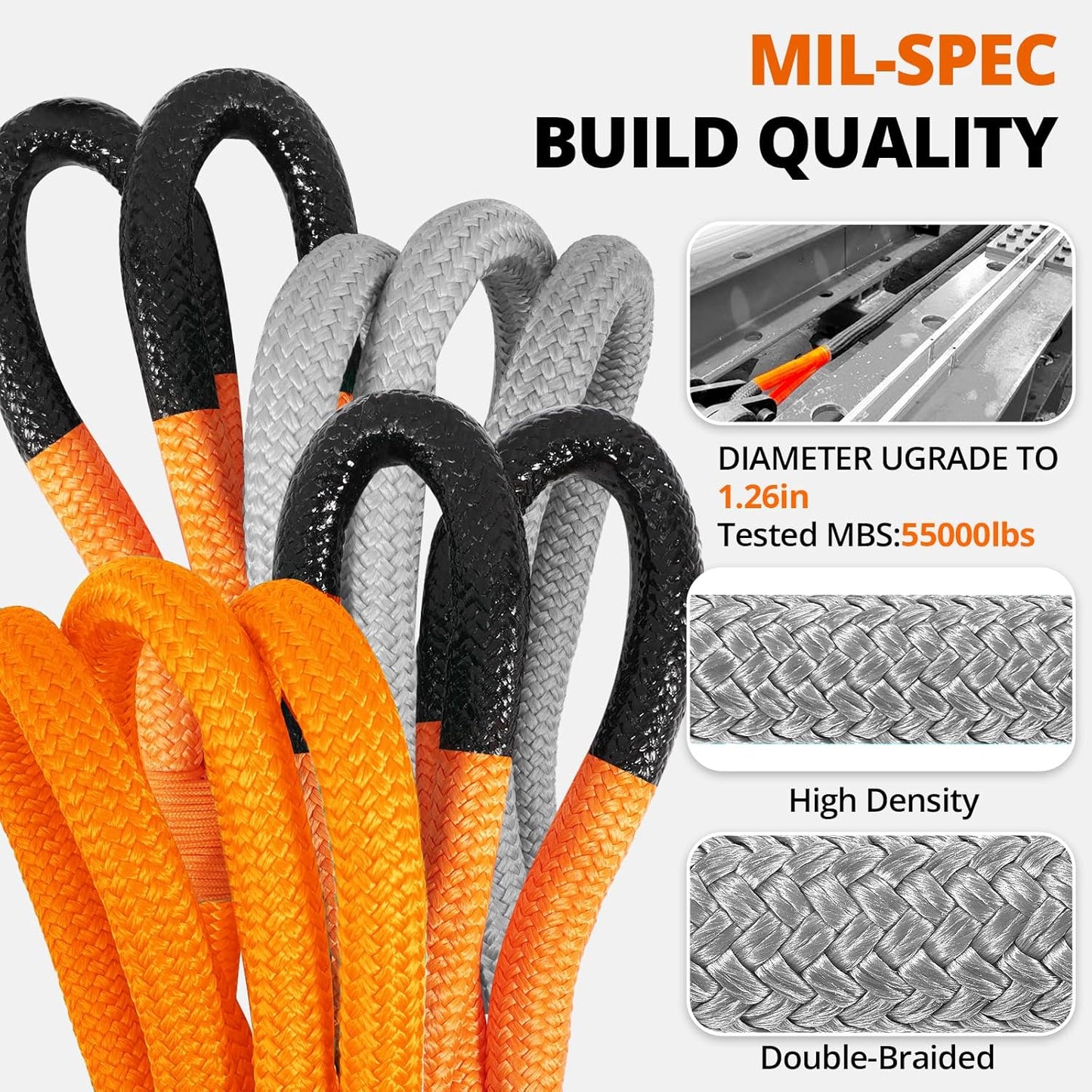Kinetic Recovery Tow Rope: 1.26" x 30ft 55000LBS Snatch Strap with Soft Shackles Heavy Duty Offroad Towing Straps Kit for Trucks SUV UTV ATV Tractor Car Jeep - Orange