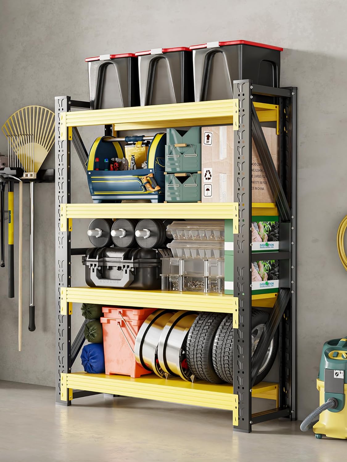 4-Tier Storage Shelves,79" H Heavy-Duty Garage Shelving Unit,Adjustable Industrial Metal Shelf System,3,200lbs Capacity,Tool Organizer for Garage,Workshop,32" W*20" D*79" H,Black&Yellow