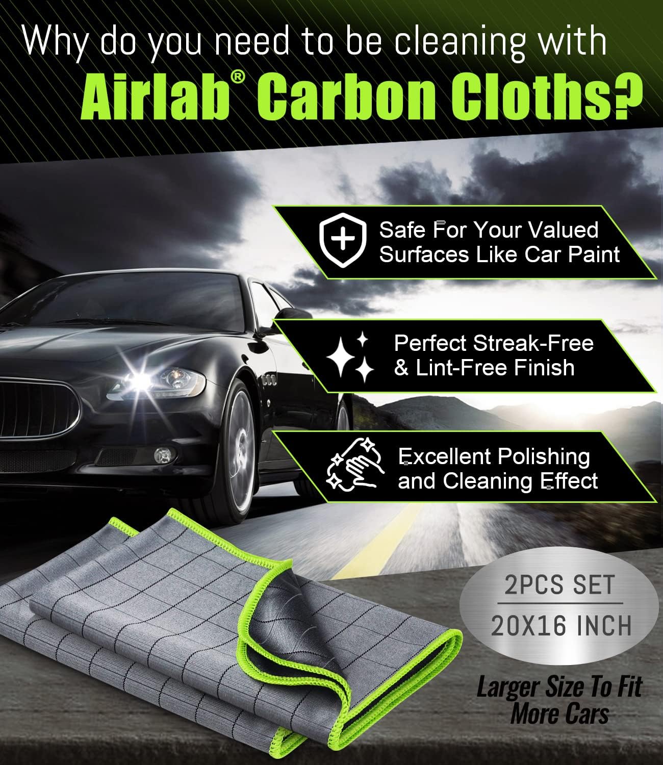 Airlab Carbon Microfiber Towels for Car Glass Window Polishing Cleaning Cloth Auto Detailing Lint Free Streak Free Drying Car Wash Large Towel, Pack of 2, 20" x 16", Grey-Green