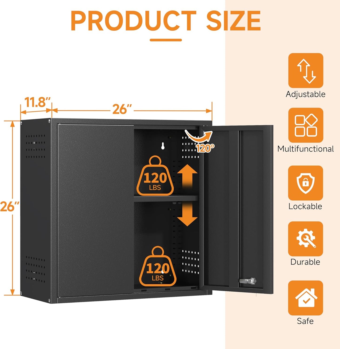 Metal Garage Wall Cabinet with 2 Doors and 1 Adjustable Shelf,Lockable Floating Tool Cabinet with Pegboard,Black Steel Storage Cabinet for Kitchen,Office,Garage,Laundry,Warehouse(Black, 26" H)